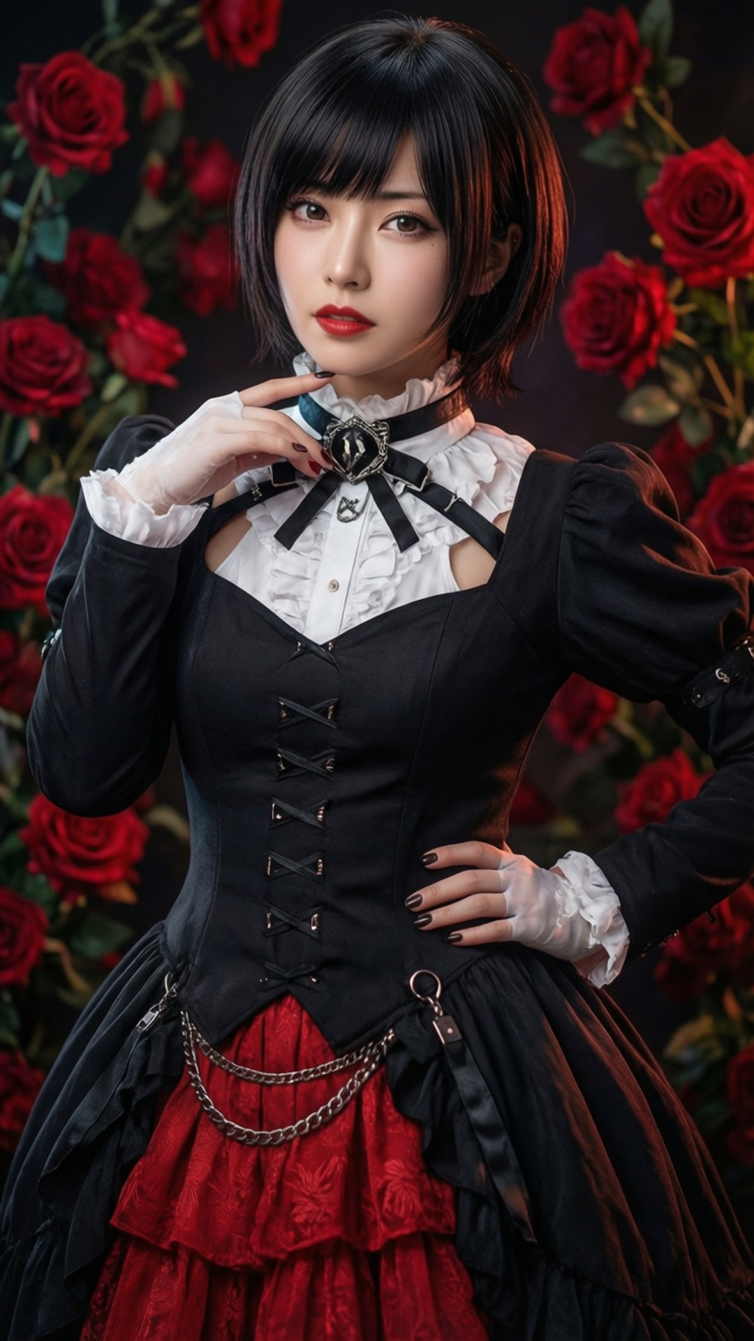 Violet's Grace 壁紙 — 一位身穿黑色束身哥德式連衣裙、帶有紅色荷葉邊的女性，站在濃密的鮮紅玫瑰背景中。
