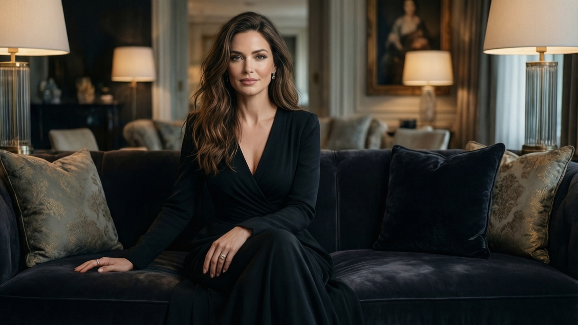 Jacqueline Elegance 壁紙 — 一位身穿黑色連衣裙的女性優雅地坐在豪華天鵝絨沙發上，身處一個燈光優雅的豪華客廳。
