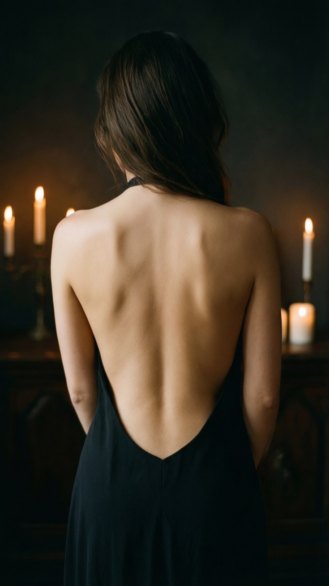 Elegant Spine 壁紙 — 一位身穿黑色連衣裙的女性背對鏡頭站立，在昏暗的房間中被柔和的燭光照亮。