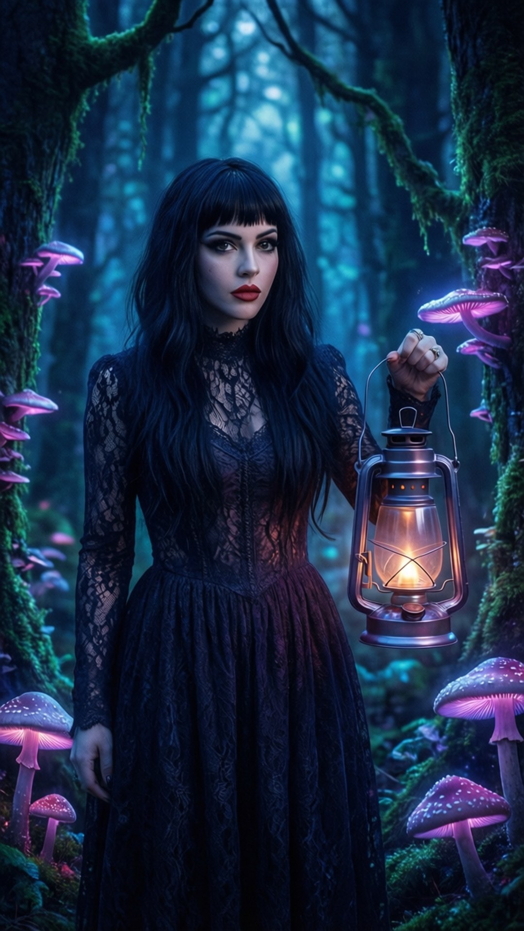 Enchanted Forest 壁紙 — 一位身穿黑色蕾絲裙的女子，在一個有發光紫色蘑菇的神秘森林中，手持發光燈籠。