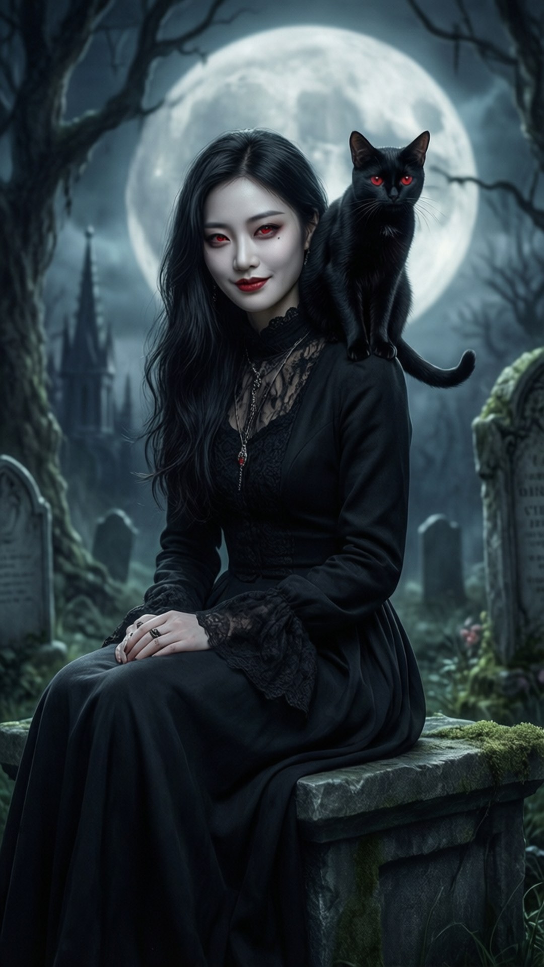 Cat on Gravestone 壁紙 — 一位身穿黑色蕾絲裙的女子坐在墓碑上，一隻黑貓棲息在她的肩膀上，滿月下，霧氣瀰漫的墓地。
