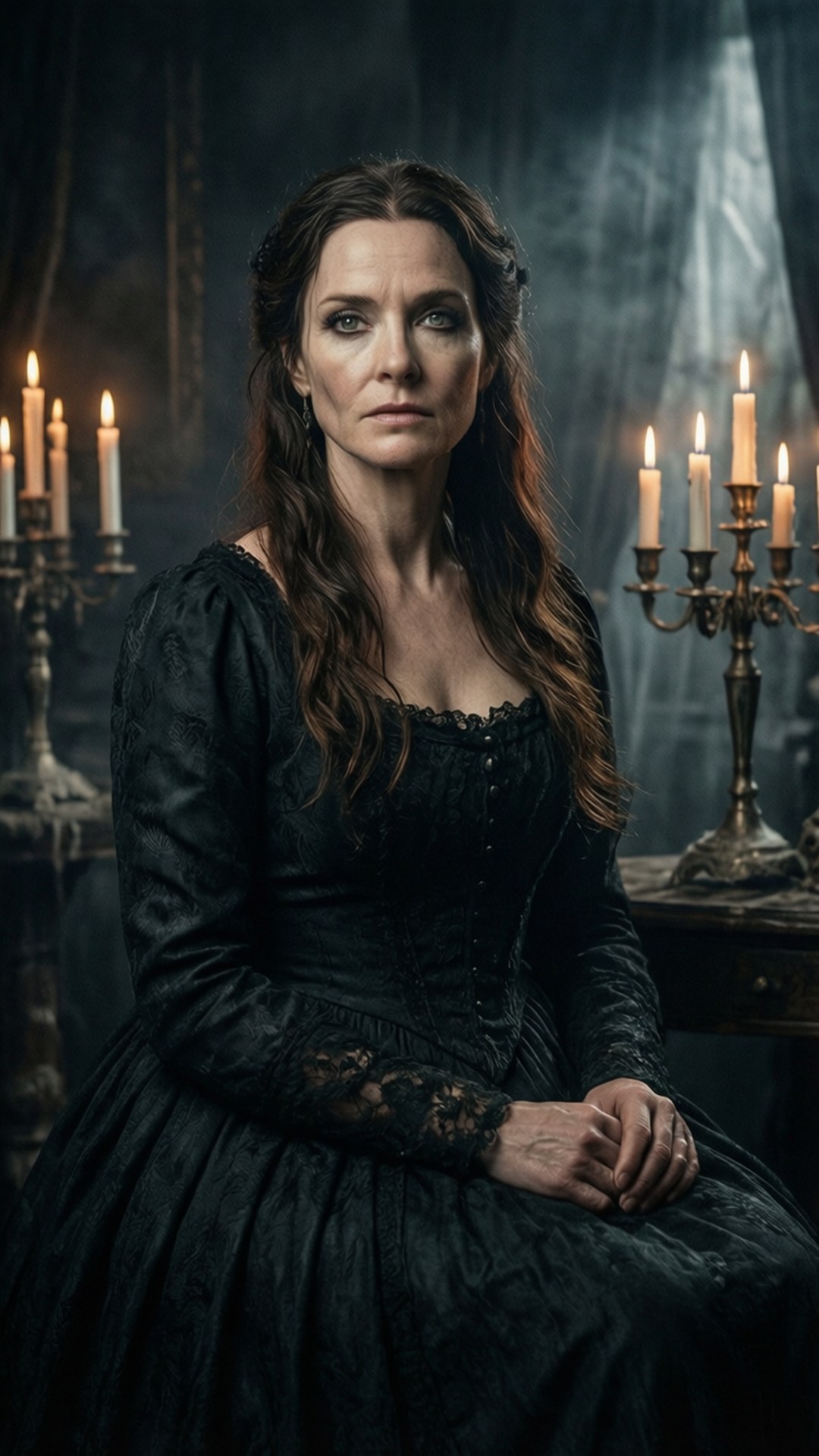 Gothic Elegance 壁紙 — 一位身穿黑色蕾絲長裙的女性，莊嚴地坐在一個由燭光照亮的昏暗哥德式房間裡。