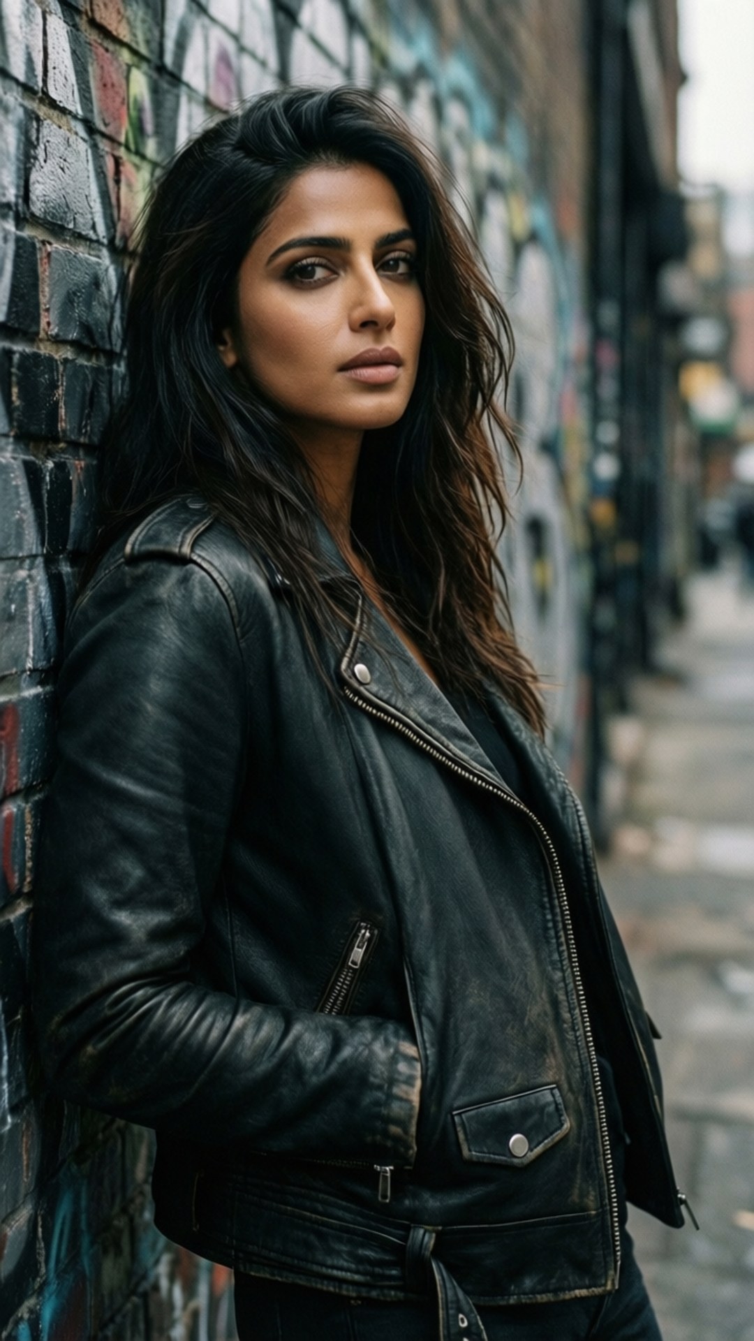 Urban Edge Portrait 壁紙 — 一個穿著黑色皮夾克的女人在城市的小巷中靠在一面佈滿塗鴉的磚牆上。