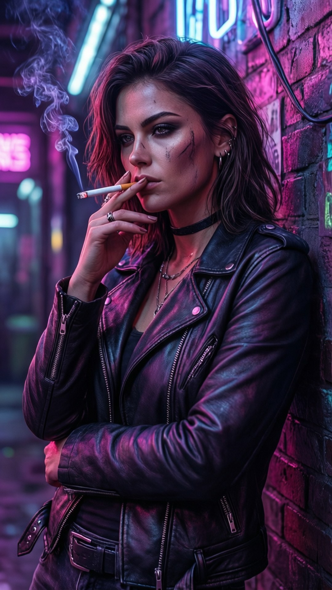 Cyberpunk Femme Fatale 壁紙 — 一個穿著黑色皮夾克的女人在霓虹燈照亮的磚牆前吸煙，背景是賽博朋克小巷。