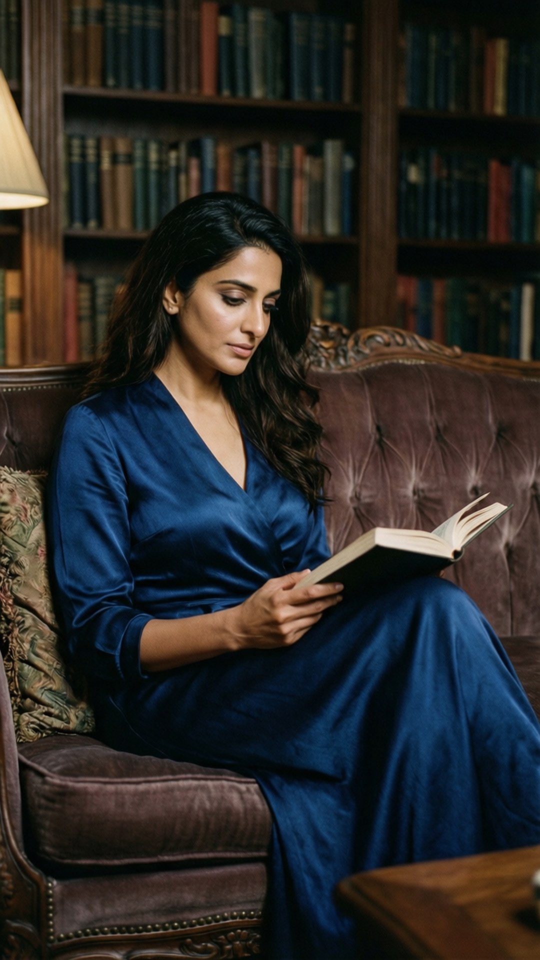 Library Sophistication 壁紙 — 一位身穿藍色緞面連衣裙的女性坐在圖書館的棕色簇絨沙發上閱讀一本書，圖書館內有木製書架。