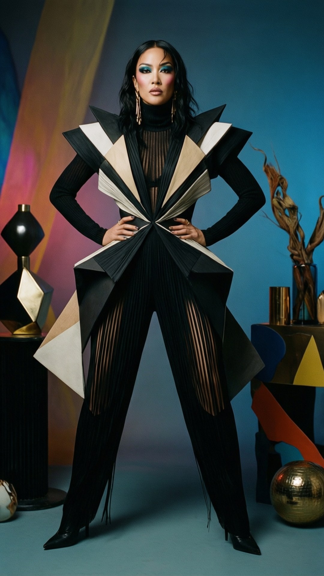 Fashion Editorial Avant-Garde 壁紙 — 一位穿著大膽幾何圖案黑色米色和金色服裝的女性，在充滿活力的抽象背景前自信地擺姿勢，背景有色彩繽紛的形狀和現代裝飾。