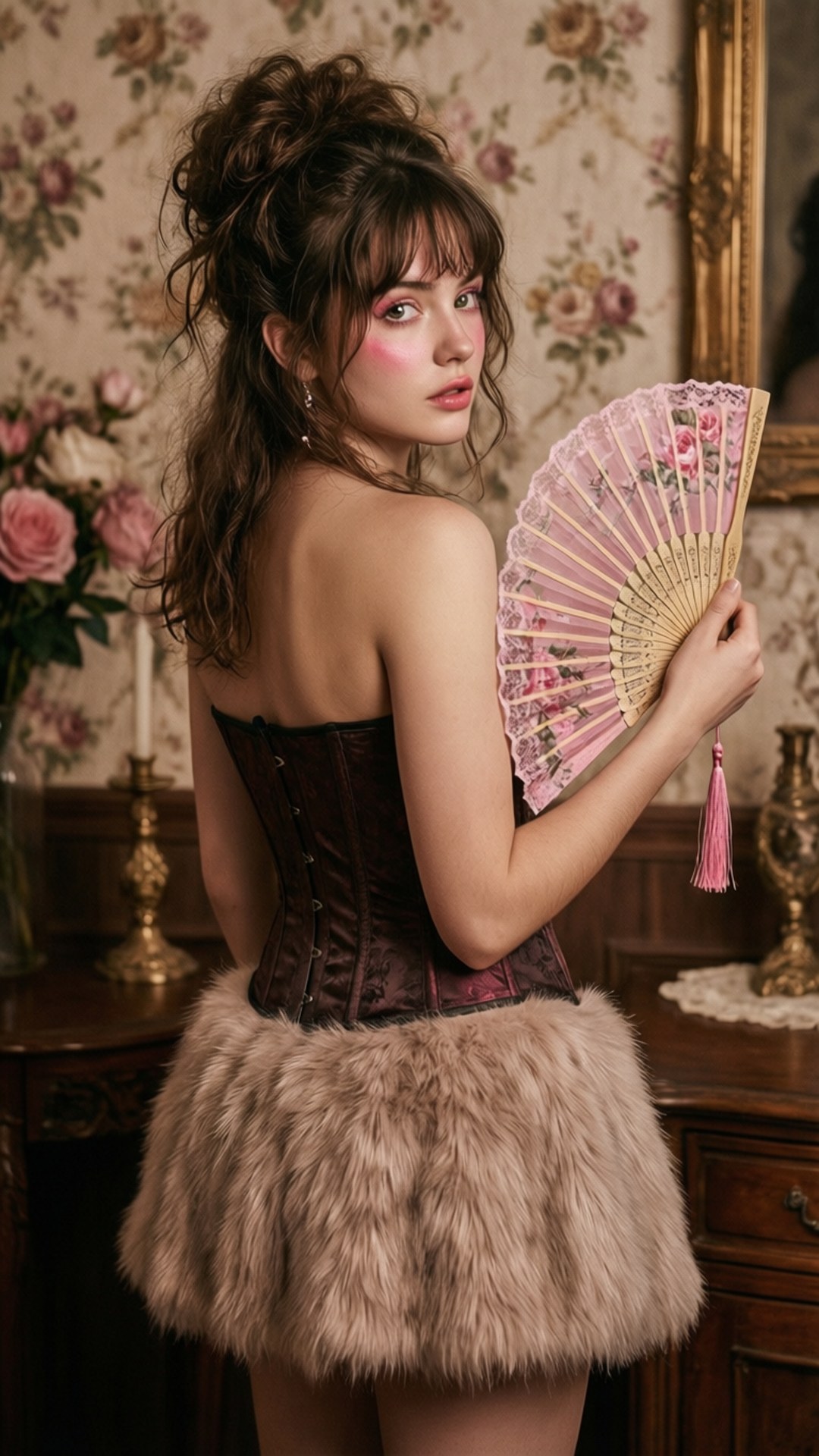 Vintage Boudoir Glance 壁紙 — 一位穿著緊身胸衣和毛皮裙的女性在復古花卉壁紙房間中手持花卉扇子。