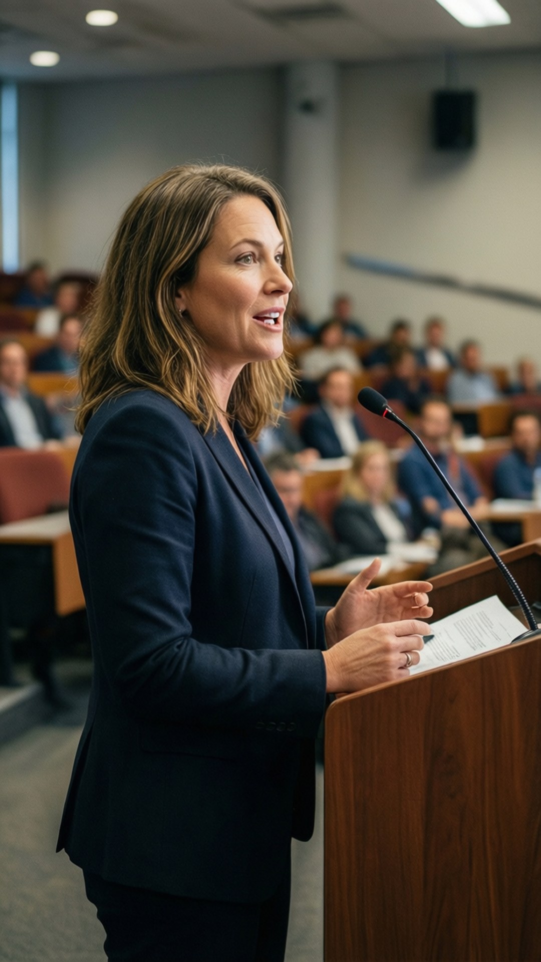 Confident Speaker 壁紙 — 一位身穿深色西裝外套的女性在講堂的木製講台上對著觀眾充滿激情地演講。