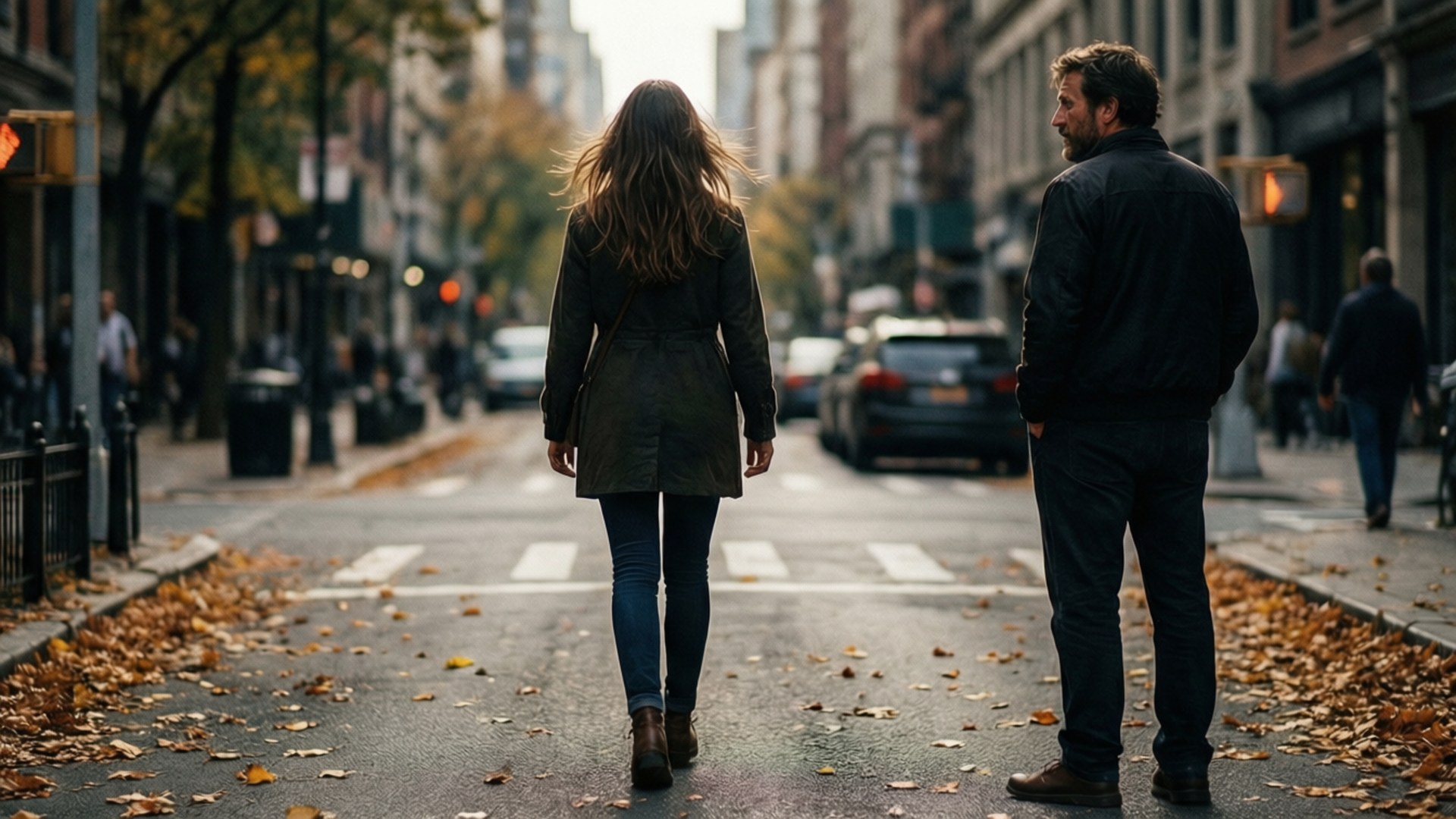 Walking Away 壁紙 — 一名身穿深色外套的女子在鋪滿落葉的城市街道上從一名男子身邊走開。