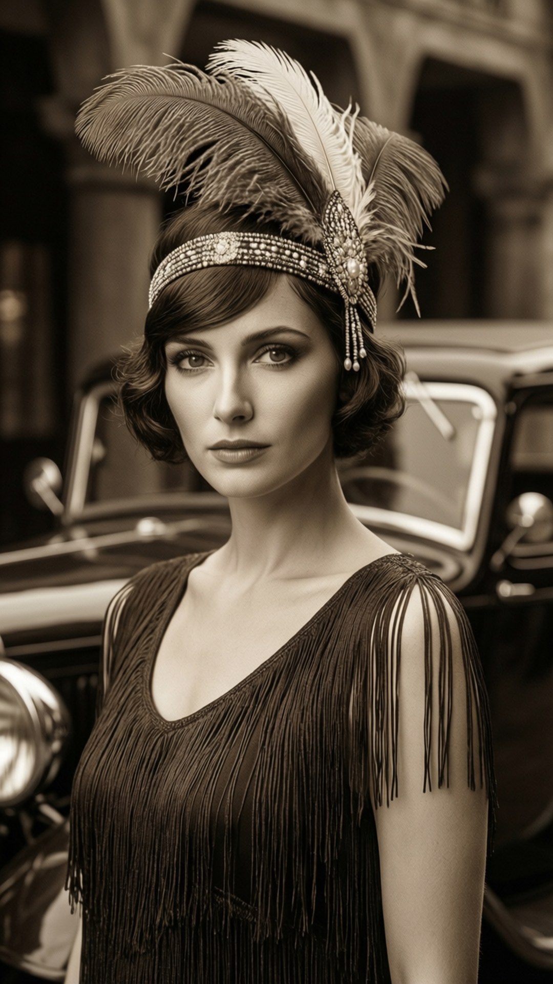 Roaring Twenties 壁紙 — 一位身穿飛女裙、頭戴羽毛頭飾的女性，站在一輛復古汽車前，呈現棕褐色調。