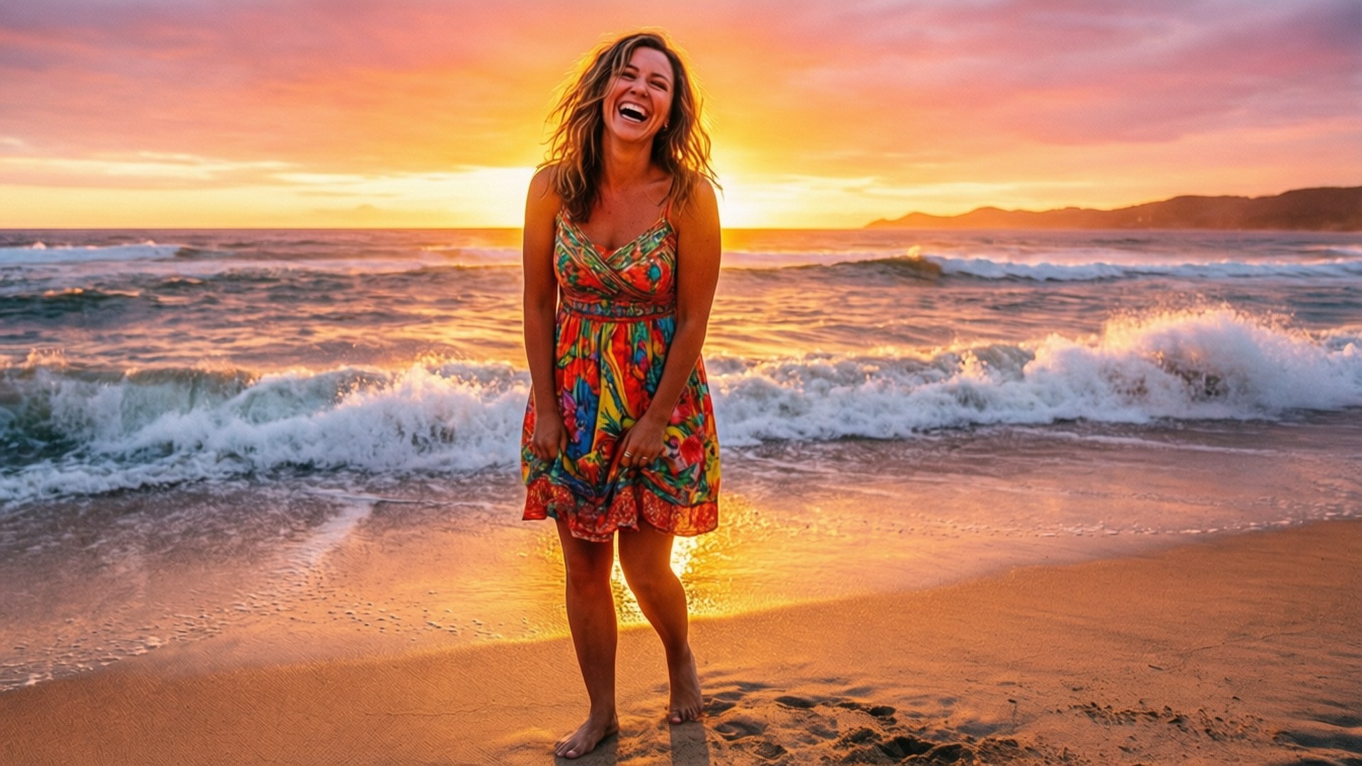 Beach Sunrise Joy 壁紙 — 一位身穿色彩繽紛花卉連衣裙的女性在沙灘上歡快地大笑，金色波浪在日落時分在她身後拍打。