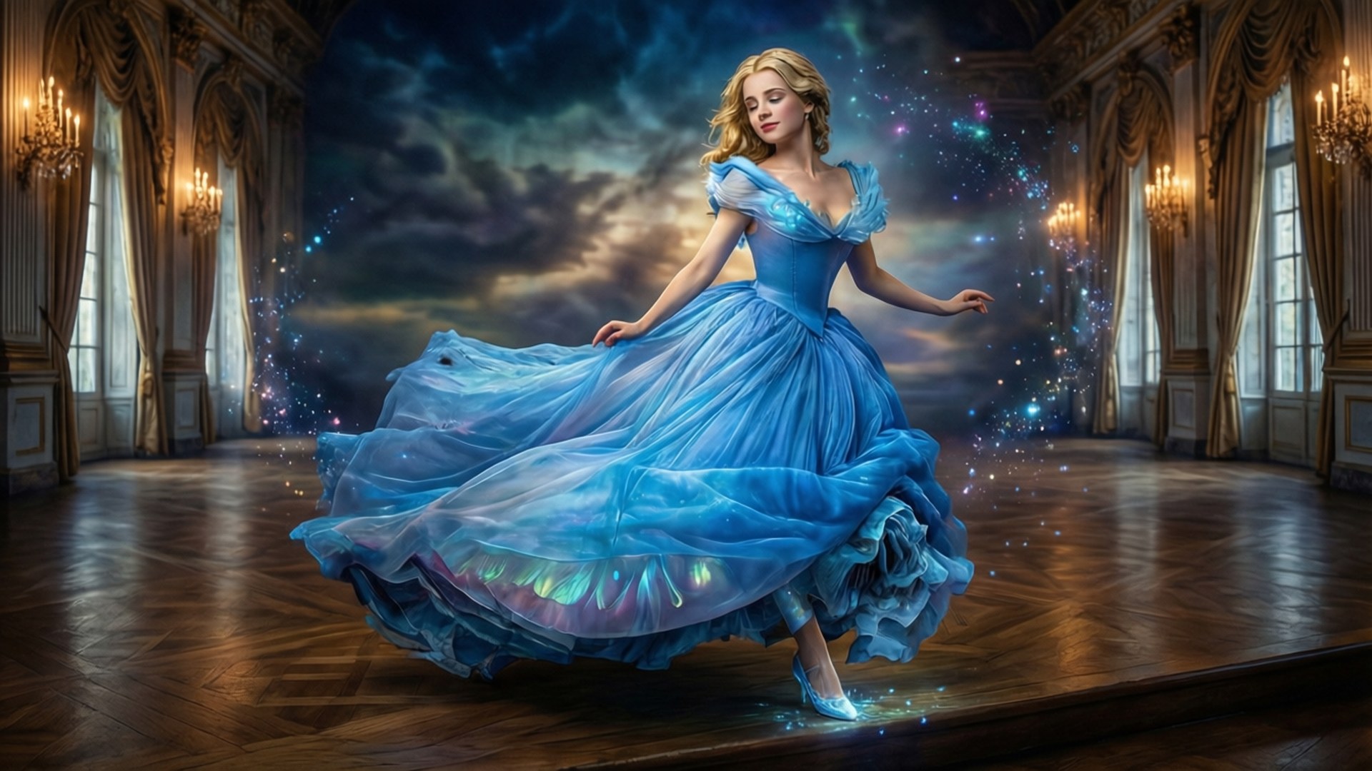 Solo Enchantment 壁紙 — 一位身穿飄逸藍色長裙的女子在宏偉的大廳中跳舞，魔法閃爍圍繞著她，背景是暴風雨的天空。