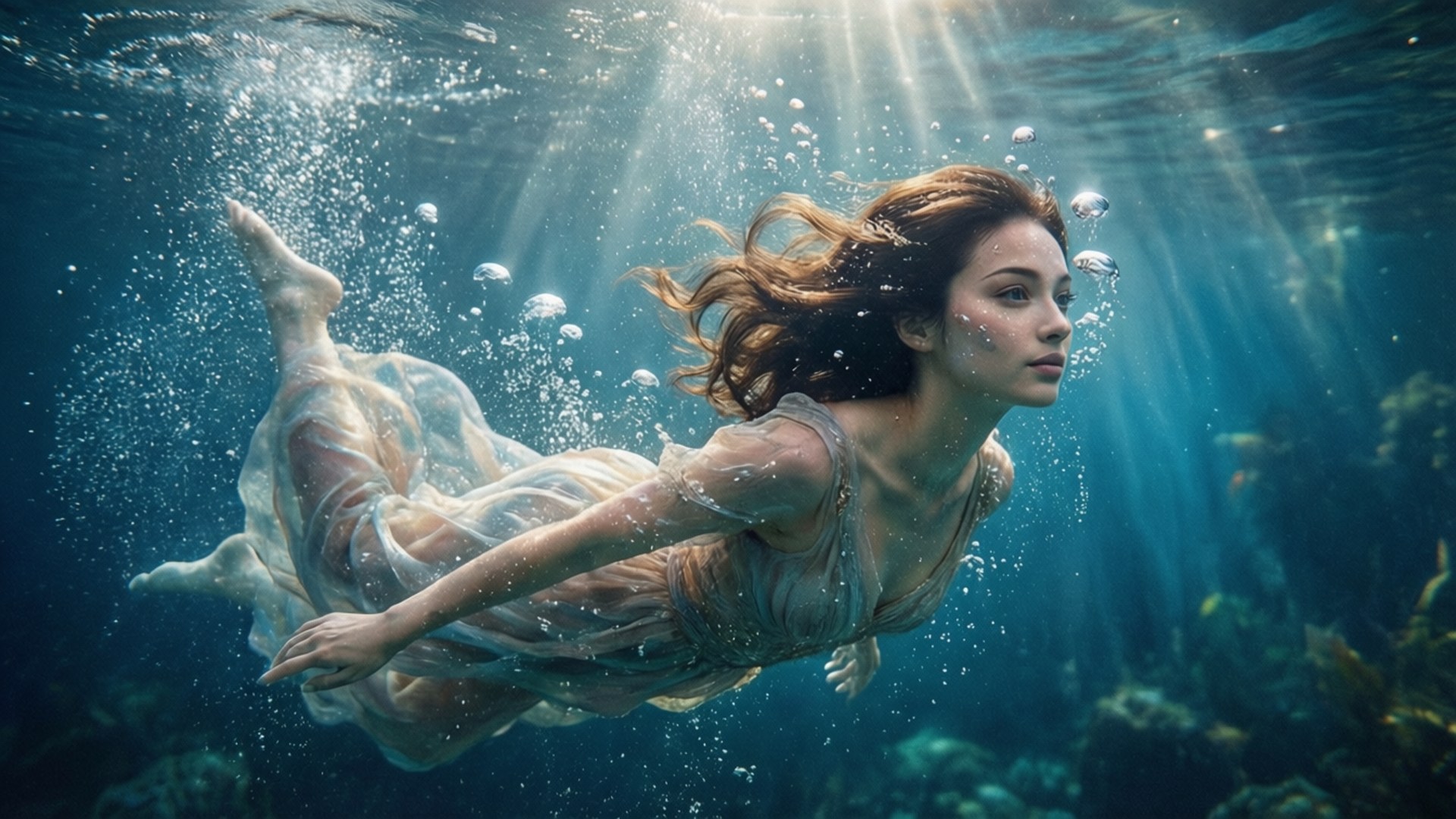 Underwater Ethereal 壁紙 — 一位身穿飄逸長裙的女性在陽光普照的海水中滑行，周圍氣泡升起。