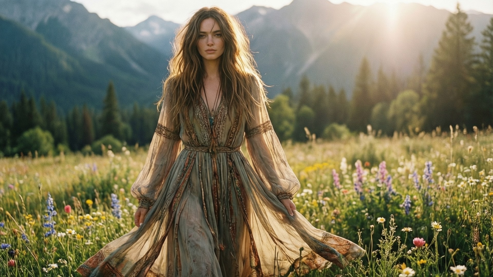 Bohemian Wildflower Field 壁紙 — 一位身穿飄逸圖案連衣裙的女子，站在陽光明媚的野花草甸中，背景是山脈和樹木。