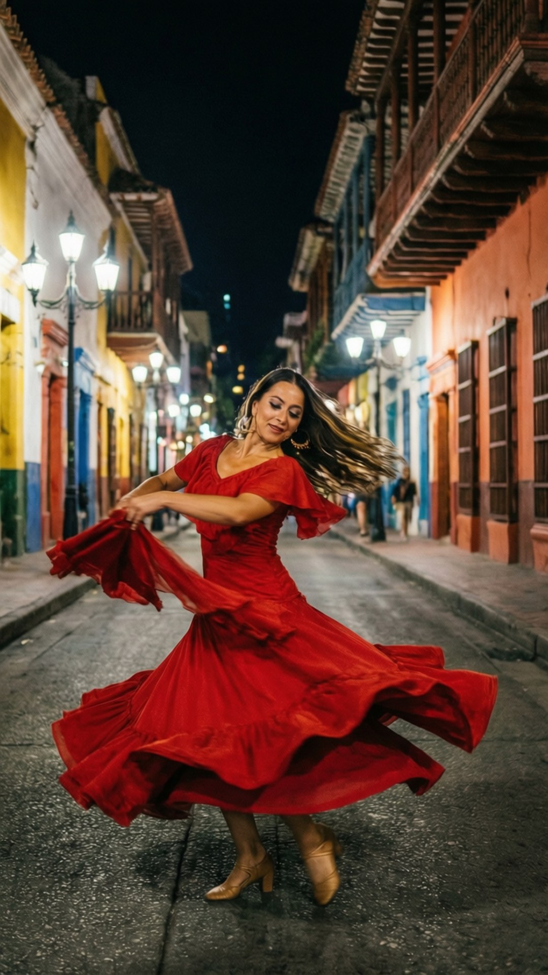 Cali Salsa Night 壁紙 — 一位身穿飄逸紅裙的女子在夜晚明亮多彩的殖民風格街道上快樂地旋轉。