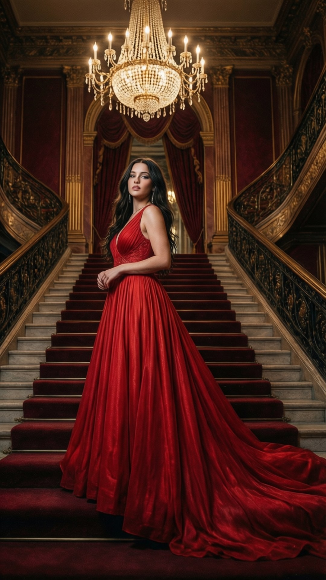 Grand Ballroom 壁紙 — 一位身穿飄逸紅色長裙的女性，站在閃爍水晶燈下的大理石樓梯上。