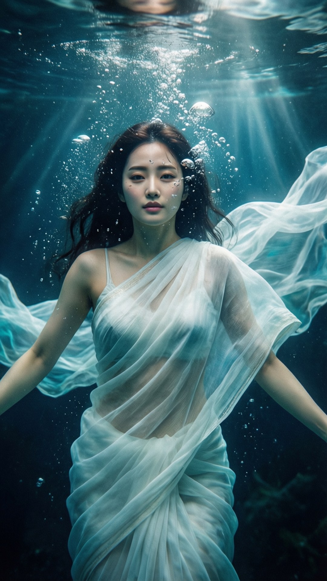 Underwater Dream 壁紙 — 一名身穿飄逸白色長裙的女性在水中漂浮，陽光照射下來，氣泡在她周圍升起。