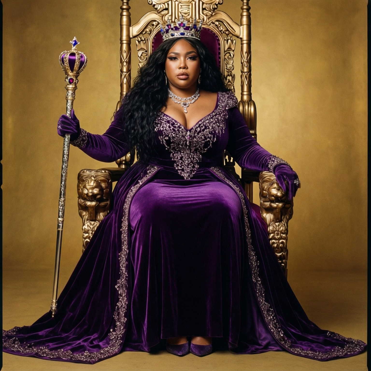Queen Lizzo 壁紙 — 一位身穿紫色天鵝絨長袍的女性坐在金色王座上，手持鑲有寶石的權杖，頭戴王冠。