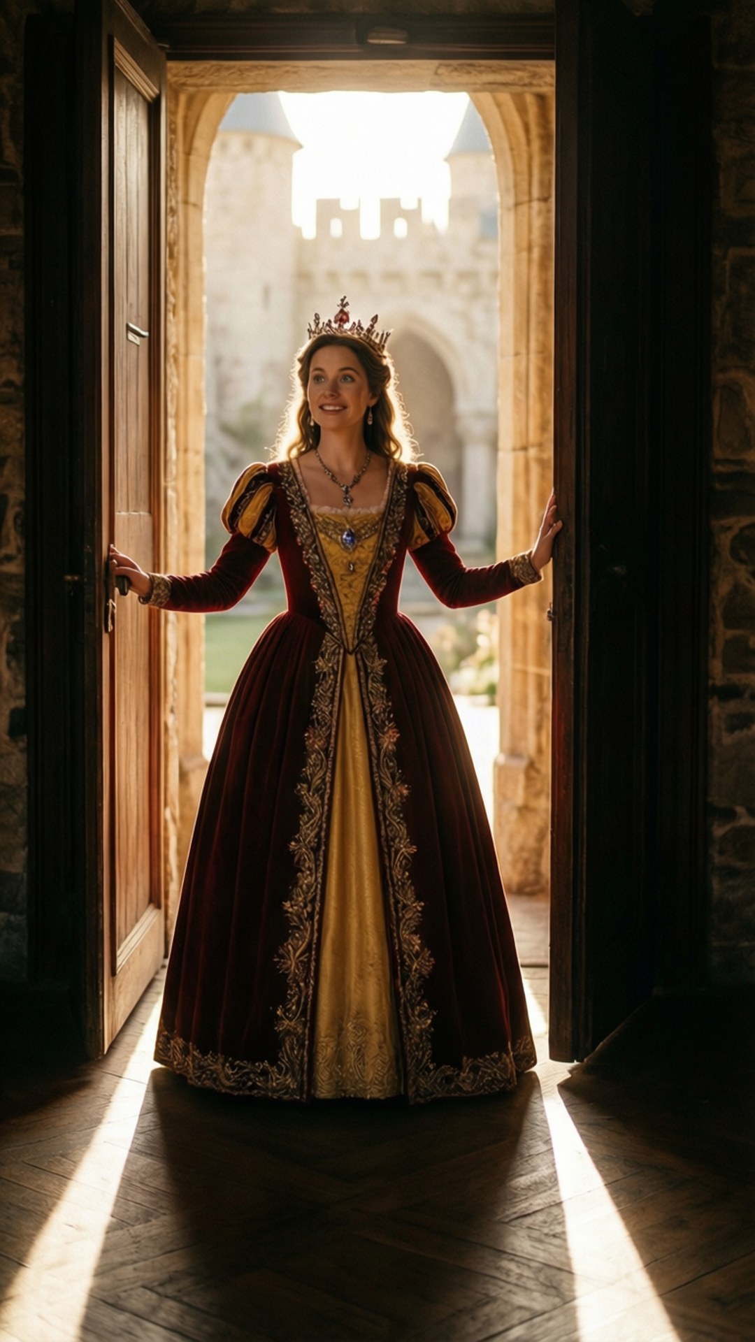 Queen Anna 壁紙 — 一位身穿華麗栗色和金色中世紀長袍、頭戴鑲有寶石王冠的女子，站在城堡陽光普照的石門廊中。