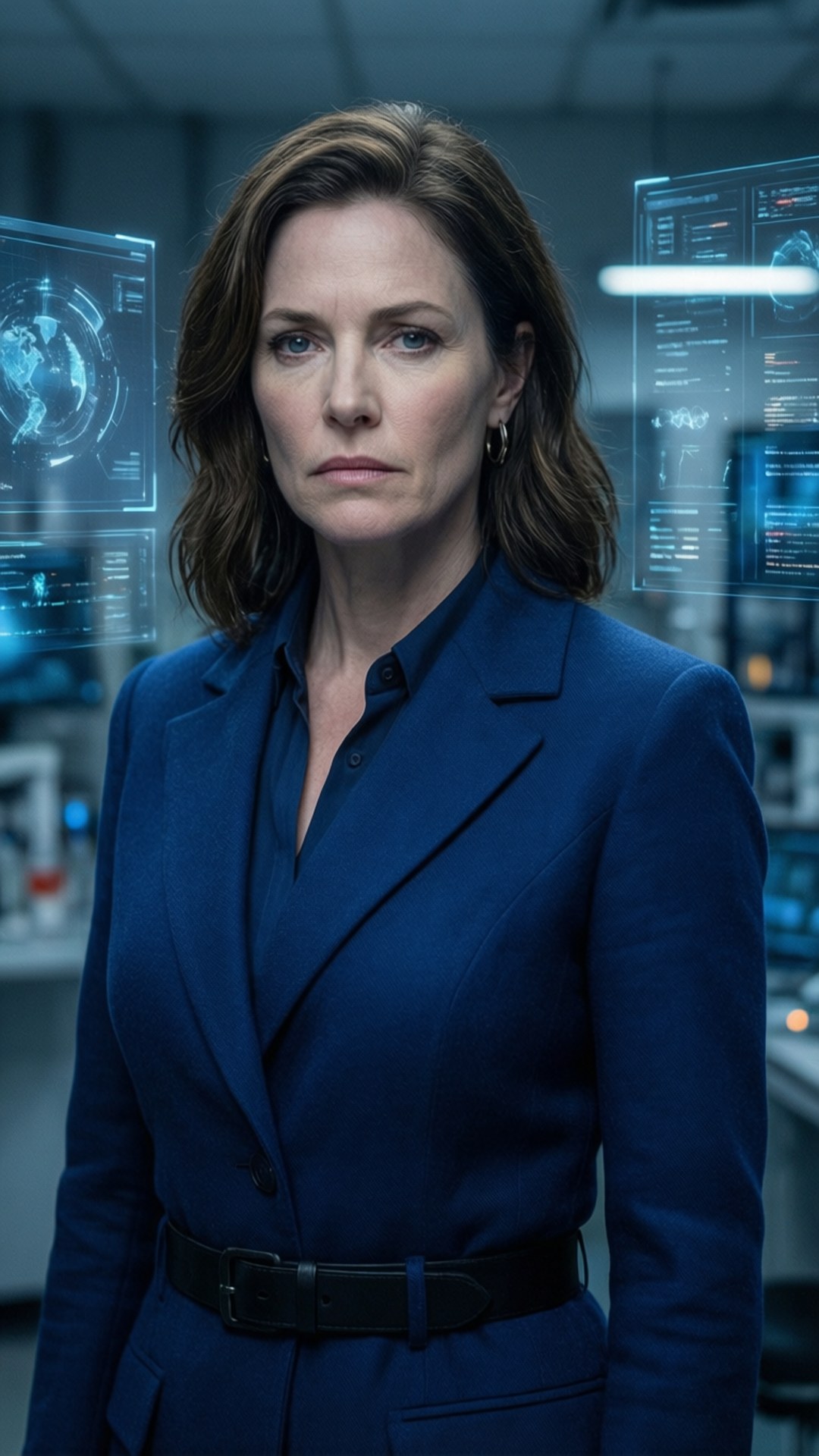 Jeanine Matthews Portrait 壁紙 — 一位身穿俐落藍色西裝的女性莊嚴地站在高科技控制室中，身後有發光的全息顯示屏。