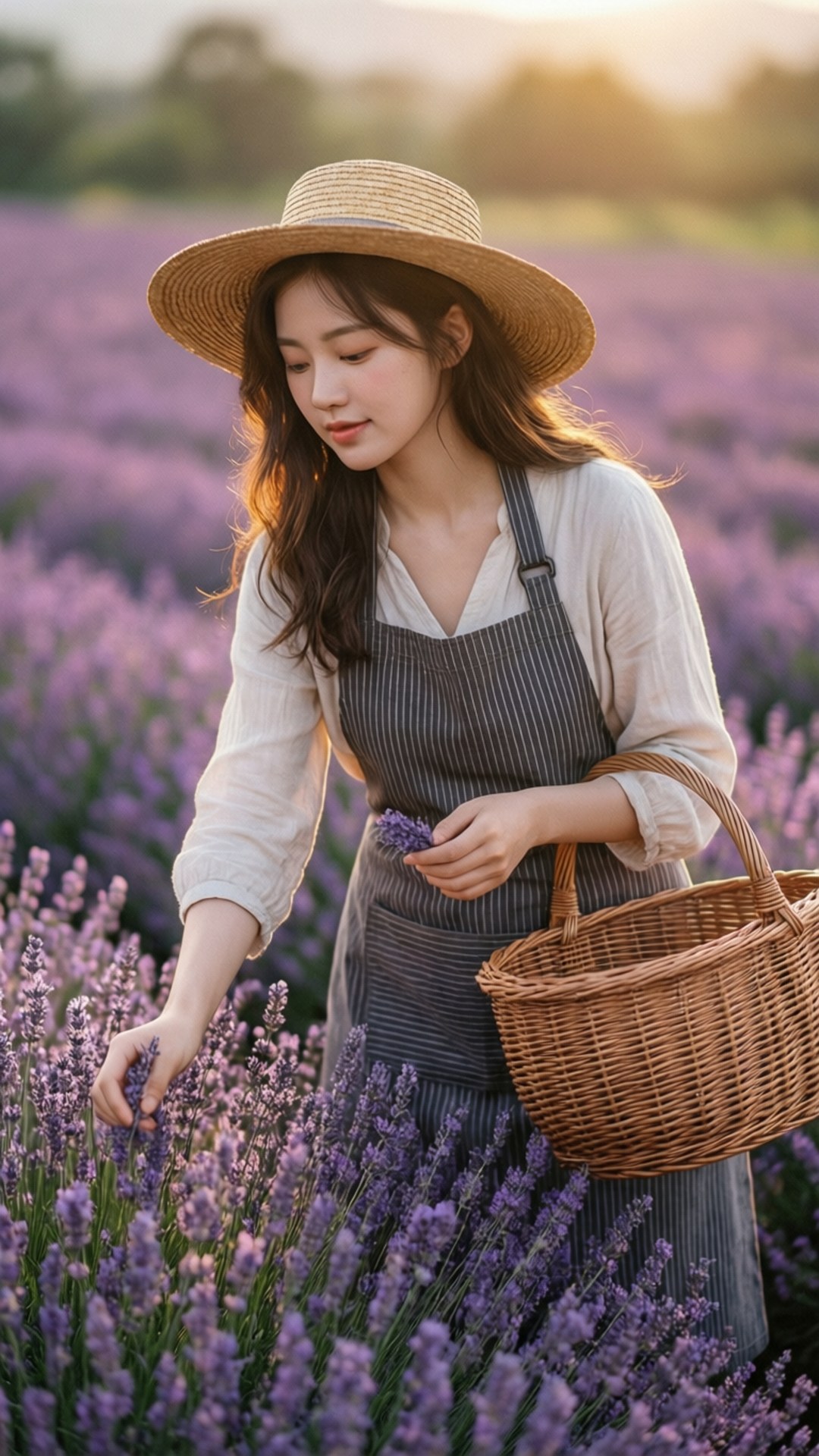 Lavender Picking 壁紙 — 一位戴著草帽的女人在陽光明媚的田野中，輕輕地採摘薰衣草花，手持一個柳條籃。