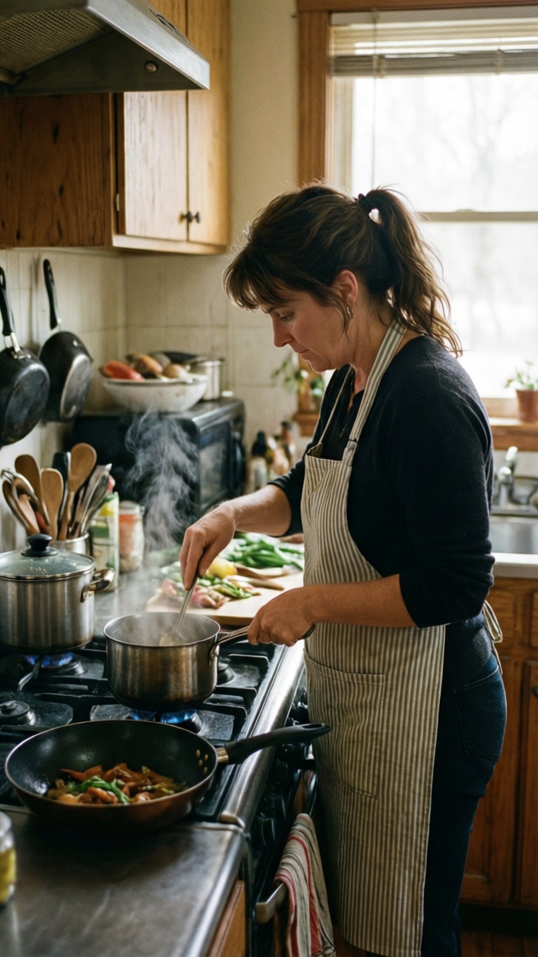 Monica's Kitchen Mastery 壁紙 — 一位穿著條紋圍裙的女性在溫暖照明的木質廚房裡攪拌瓦斯爐上冒著蒸氣的鍋。
