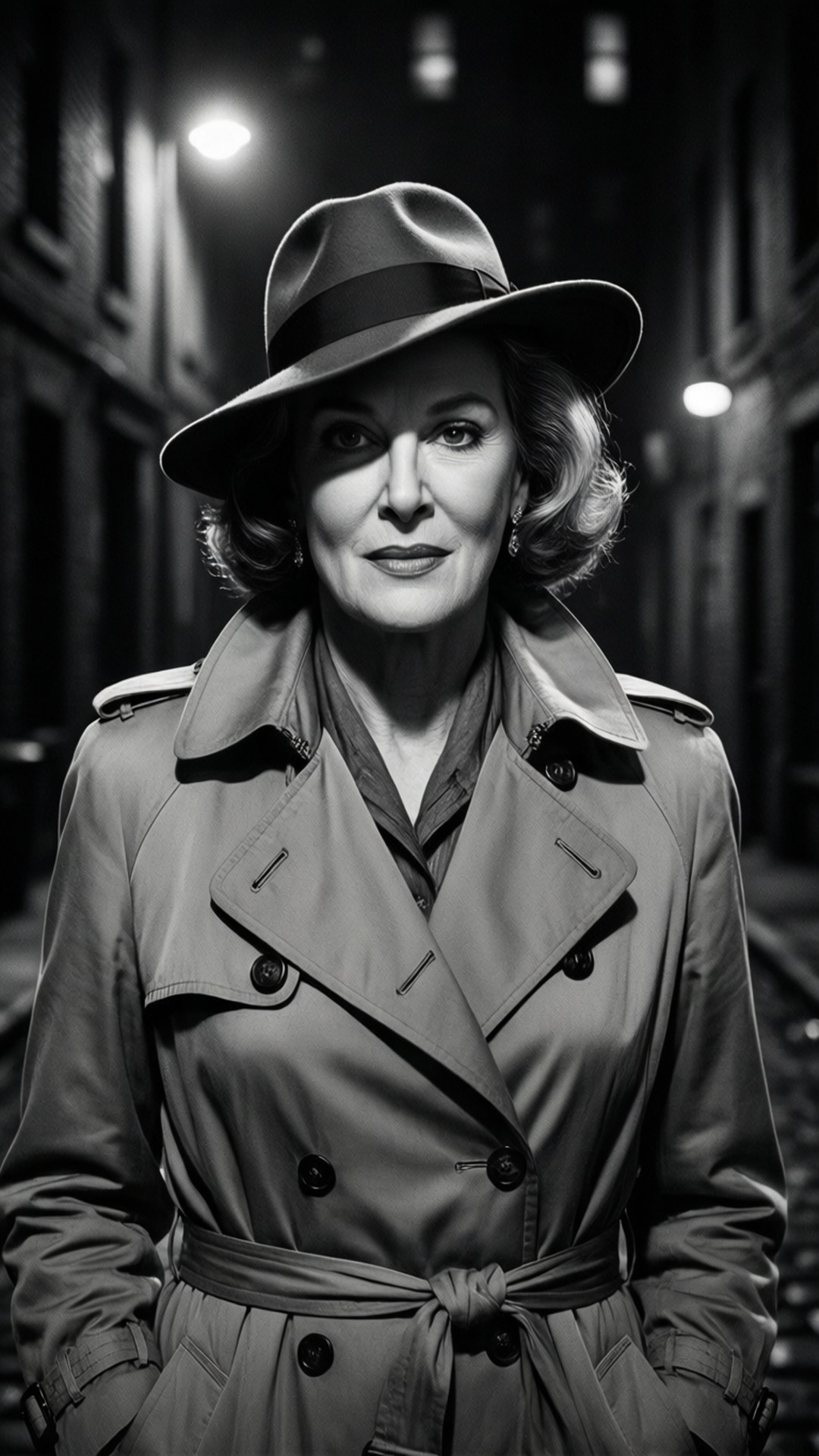 Film Noir Mystery 壁紙 — 一位穿著風衣和軟呢帽的女性自信地站在街燈下光線昏暗的小巷中。