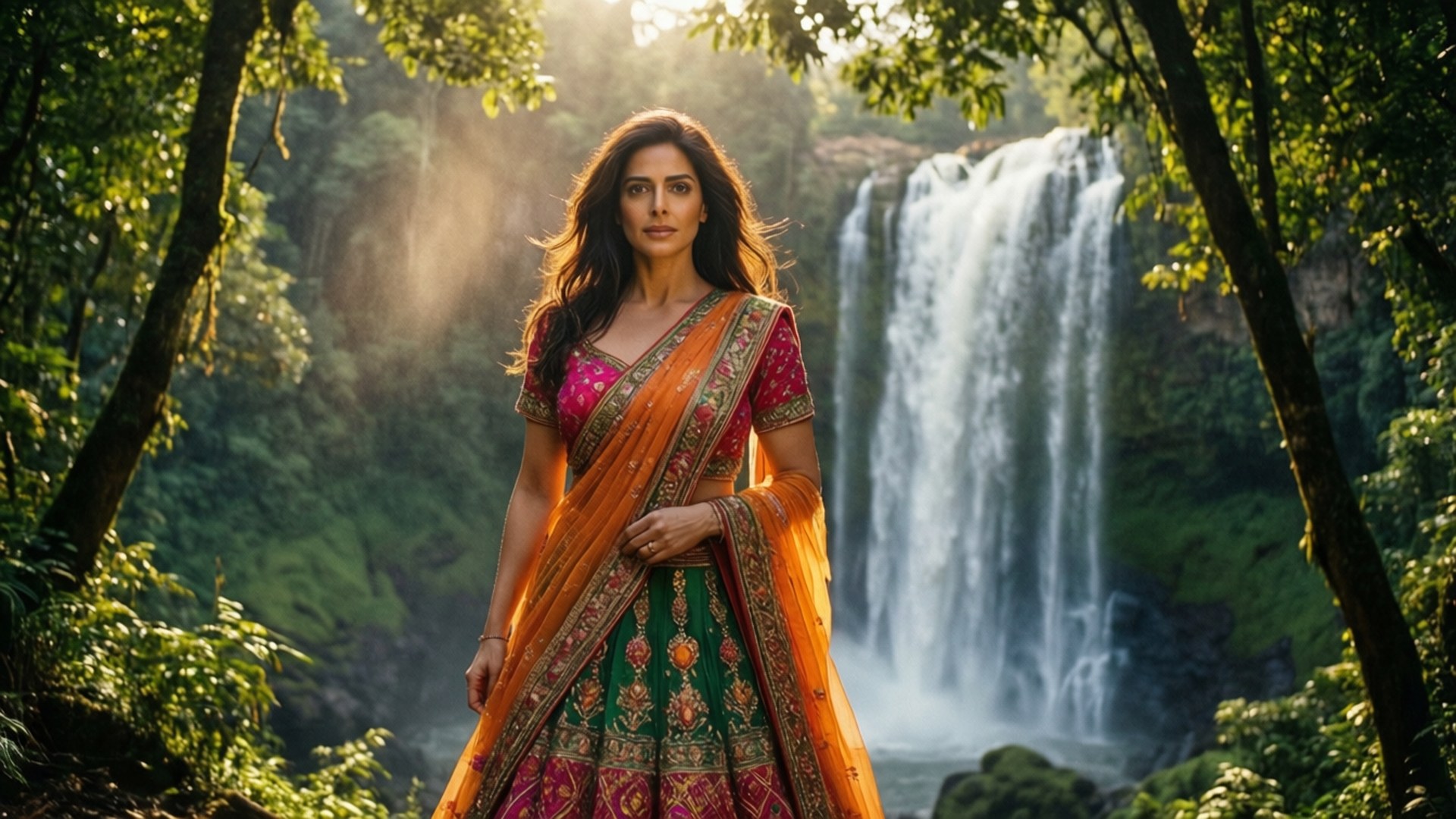 Waterfall Goddess Lehenga 壁紙 — 一位身穿鮮豔橙色和綠色刺繡紗麗的女子站在陽光普照的森林中的瀑布前。