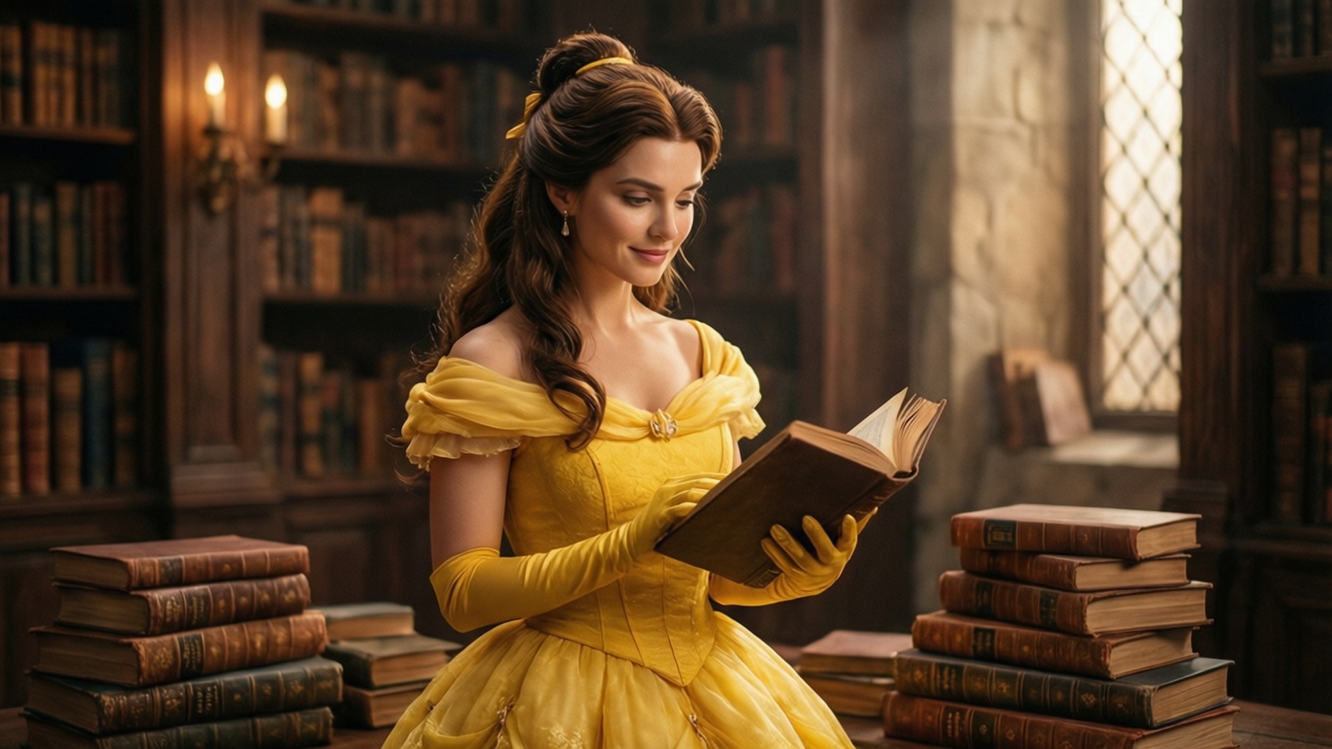 Belle Beast Library 壁紙 — 一位身穿鮮黃色舞會禮服的女士在舒適的圖書館裡，被高聳的書架和成堆的舊書環繞，正在閱讀一本書。