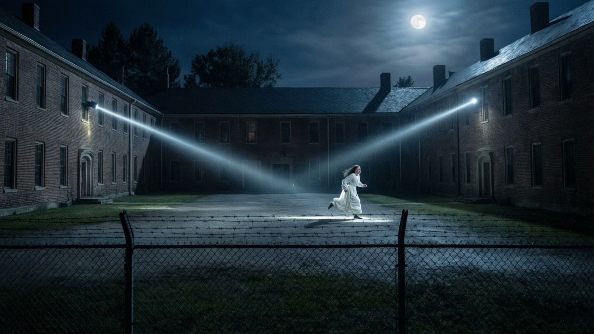 Asylum Escape 壁紙 — 一位身穿白色長裙的女子在月光下的庭院中奔跑，穿過被聚光燈照亮的磚砌建築之間。