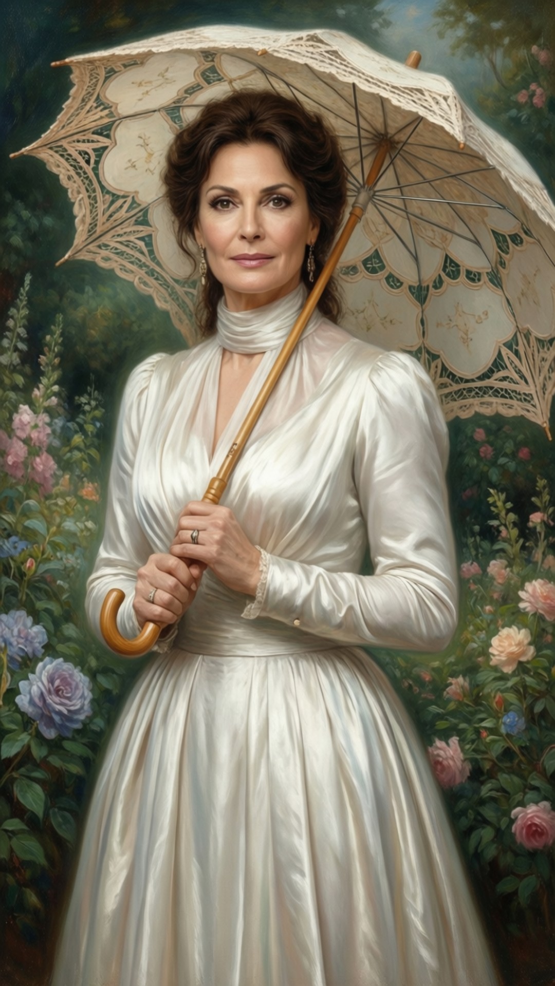 桌布 壁紙 — 一位身穿白色緞面禮服的女士，在充滿活力的玫瑰花和野花園中手持蕾絲陽傘。