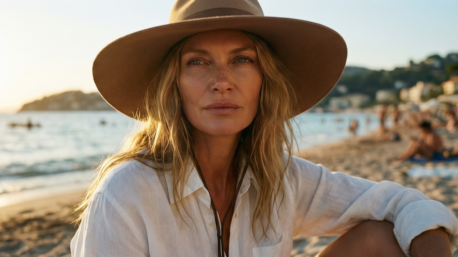 St. Tropez Boho Bliss 壁紙 — 一位戴著寬邊帽的女性在陽光明媚的海灘上，伴隨著輕柔的海浪和遠山，若有所思地凝視著相機。