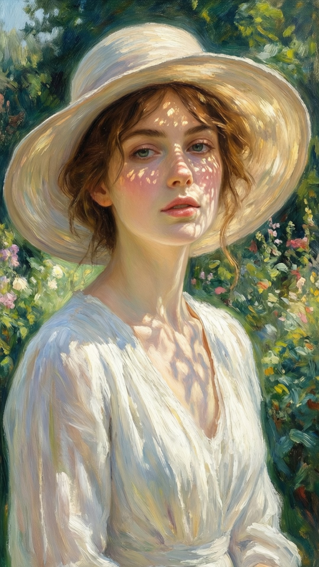 Lady in the Garden 壁紙 — 一位戴著寬邊白色帽子的女士站在陽光普照的花園中，斑駁的光線灑在她的臉和肩膀上。