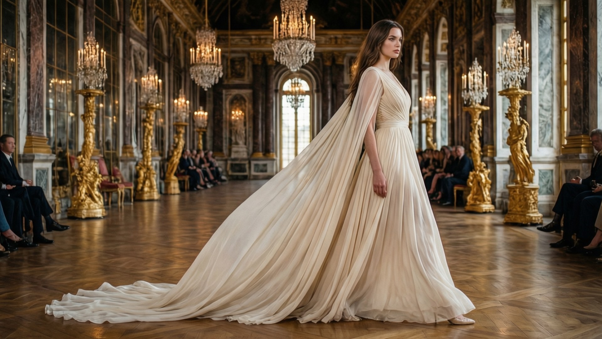 catwalk 桌布 壁紙 — 一位身穿優雅象牙色長裙、裙擺飄逸的女性，走過一個裝有金色吊燈和大理石柱的宏偉華麗大廳。