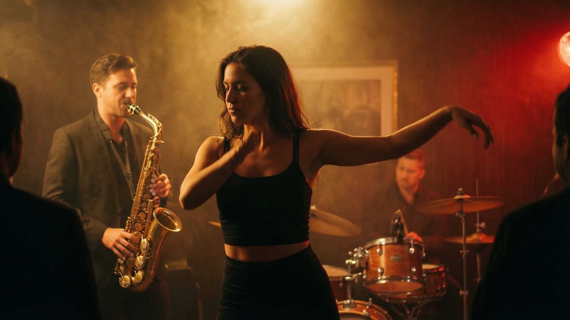 Jazz Club Dancer 壁紙 — 一位身穿黑色衣服的女性優雅地跳舞，而薩克斯風手在煙霧瀰漫的爵士俱樂部中，在溫暖的舞台燈光下演奏。