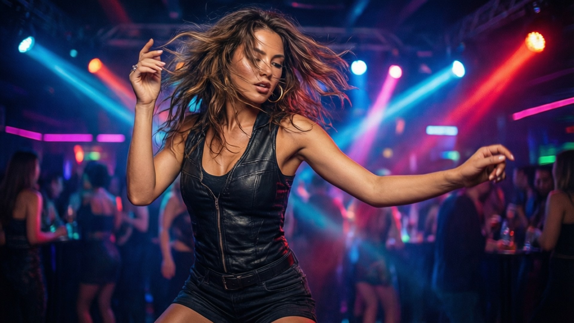 Neon Dance 壁紙 — 一名身穿黑色皮革服裝的女性在充滿活力的藍色和紅色俱樂部燈光下充滿活力地跳舞，背景是模糊的派對參與者。