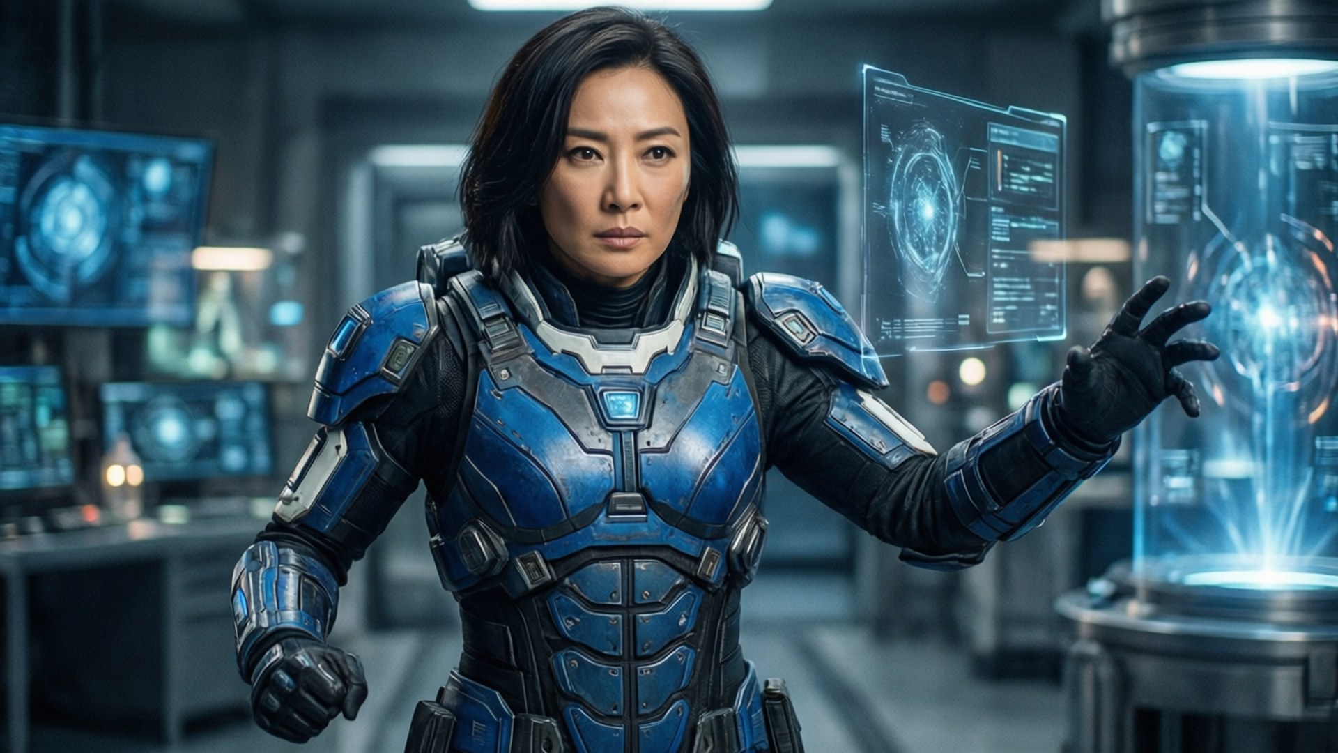 Future Soldier 壁紙 — 一位身穿藍色未來裝甲的女性站在高科技實驗室中，與發光的全息界面互動。