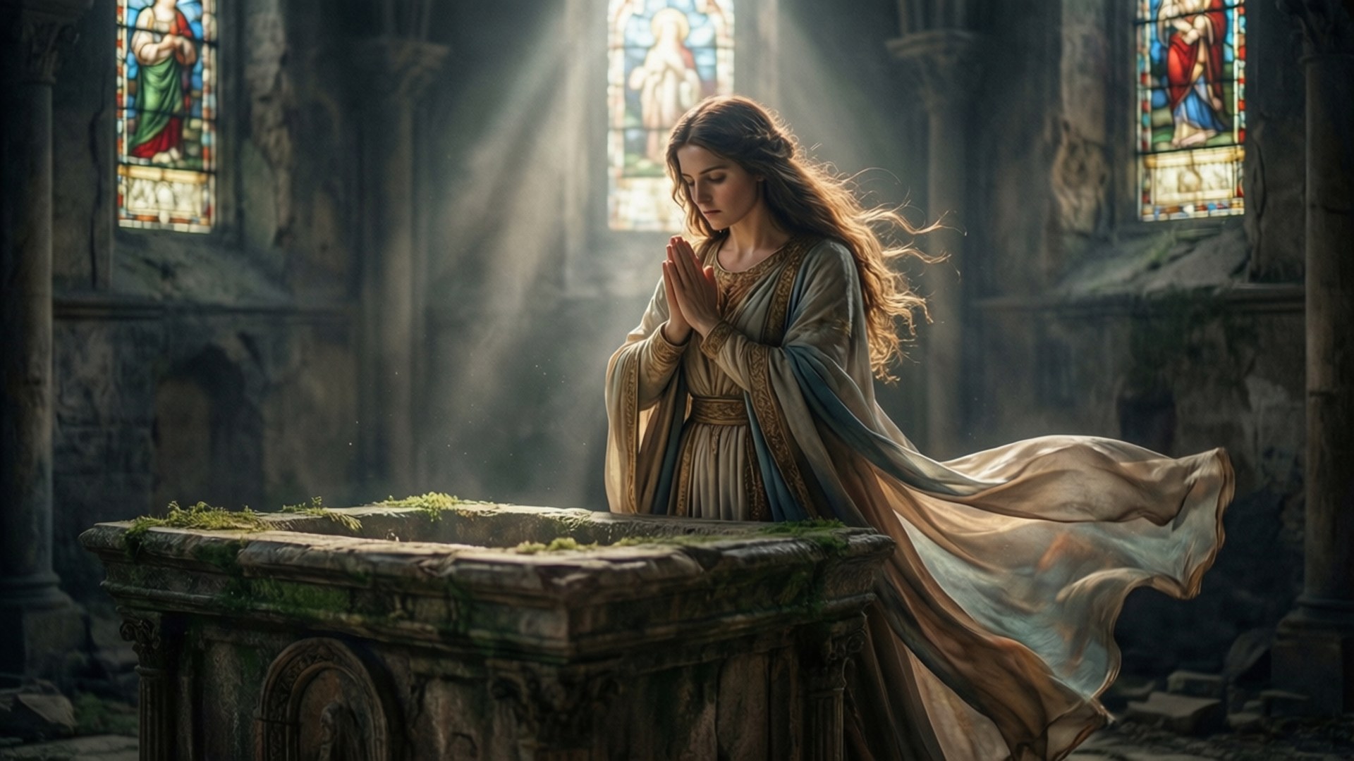 Vestal's Prayer 壁紙 — 一位身穿飄逸長袍的女性在陽光明媚的廢棄大教堂中，在長滿青苔的石祭壇前祈禱，教堂內有彩色玻璃窗。