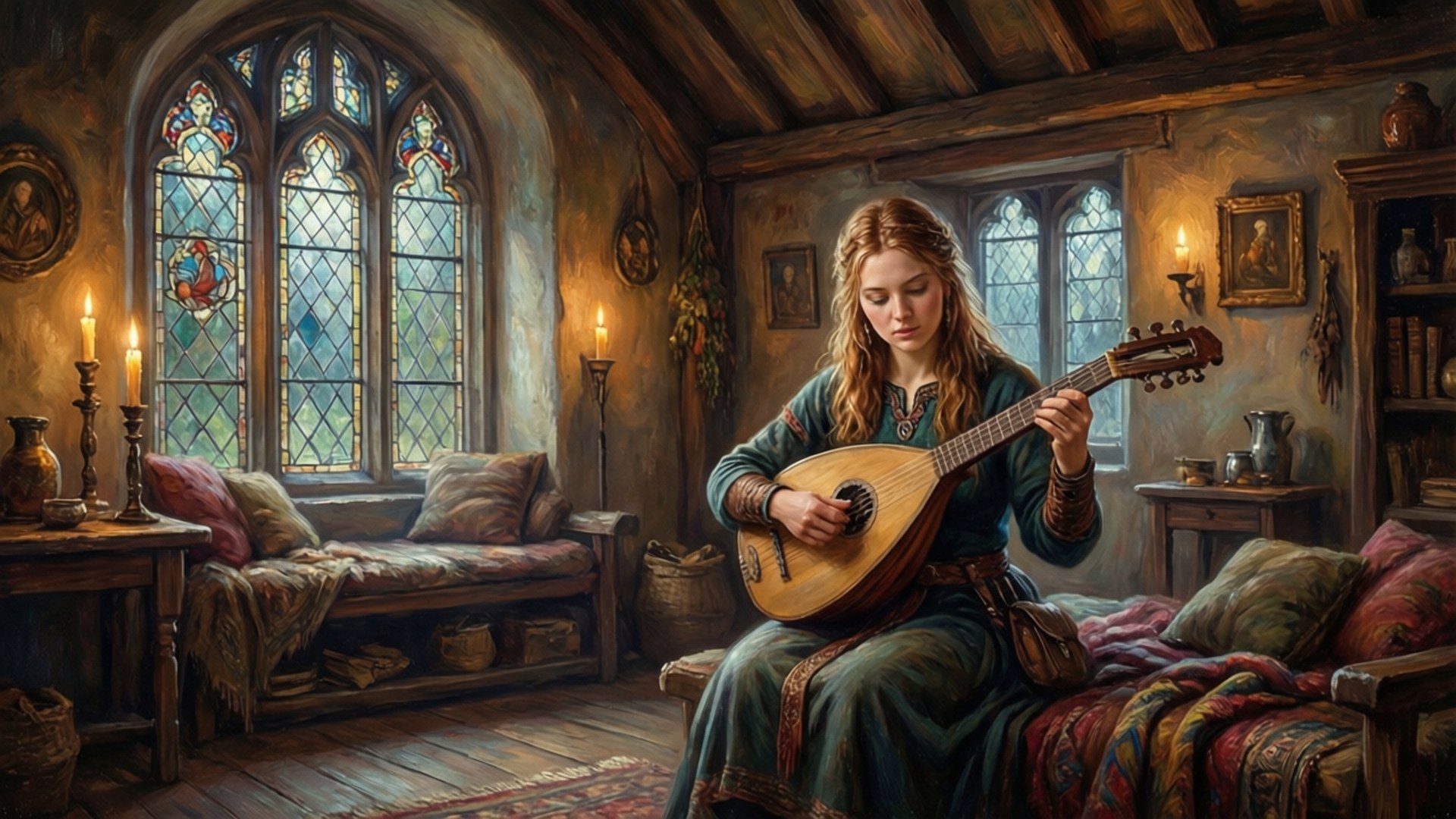 Bard's Melody 壁紙 — 一位身穿中世紀服裝的女性在溫暖照明的石室中彈奏魯特琴，室內有彩色玻璃窗和木樑。