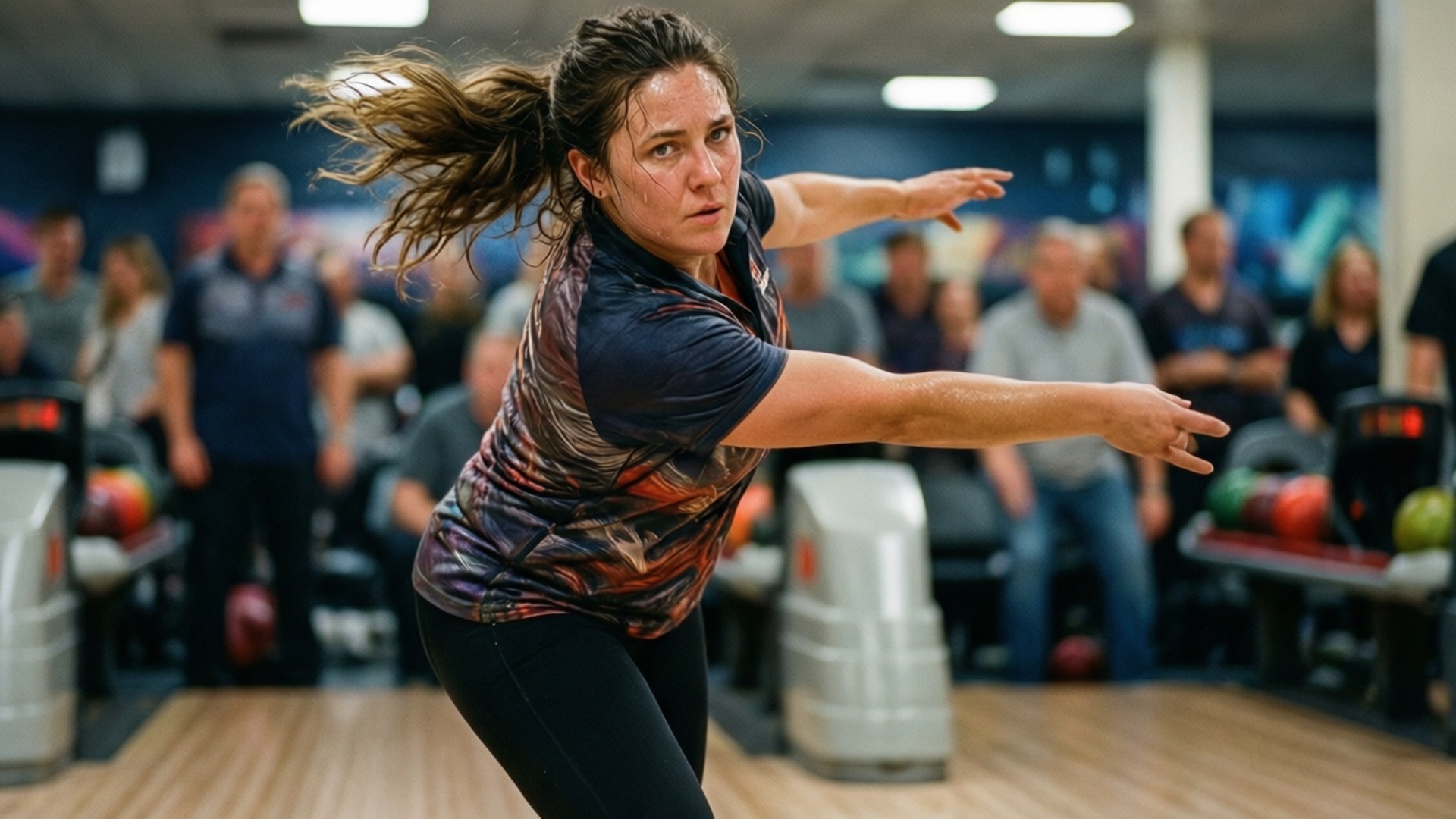 Female Bowler in Action 壁紙 — 一個正在移動的女人打保齡球時高度專注，她的頭髮飛揚，觀眾從她後面的球道觀看。