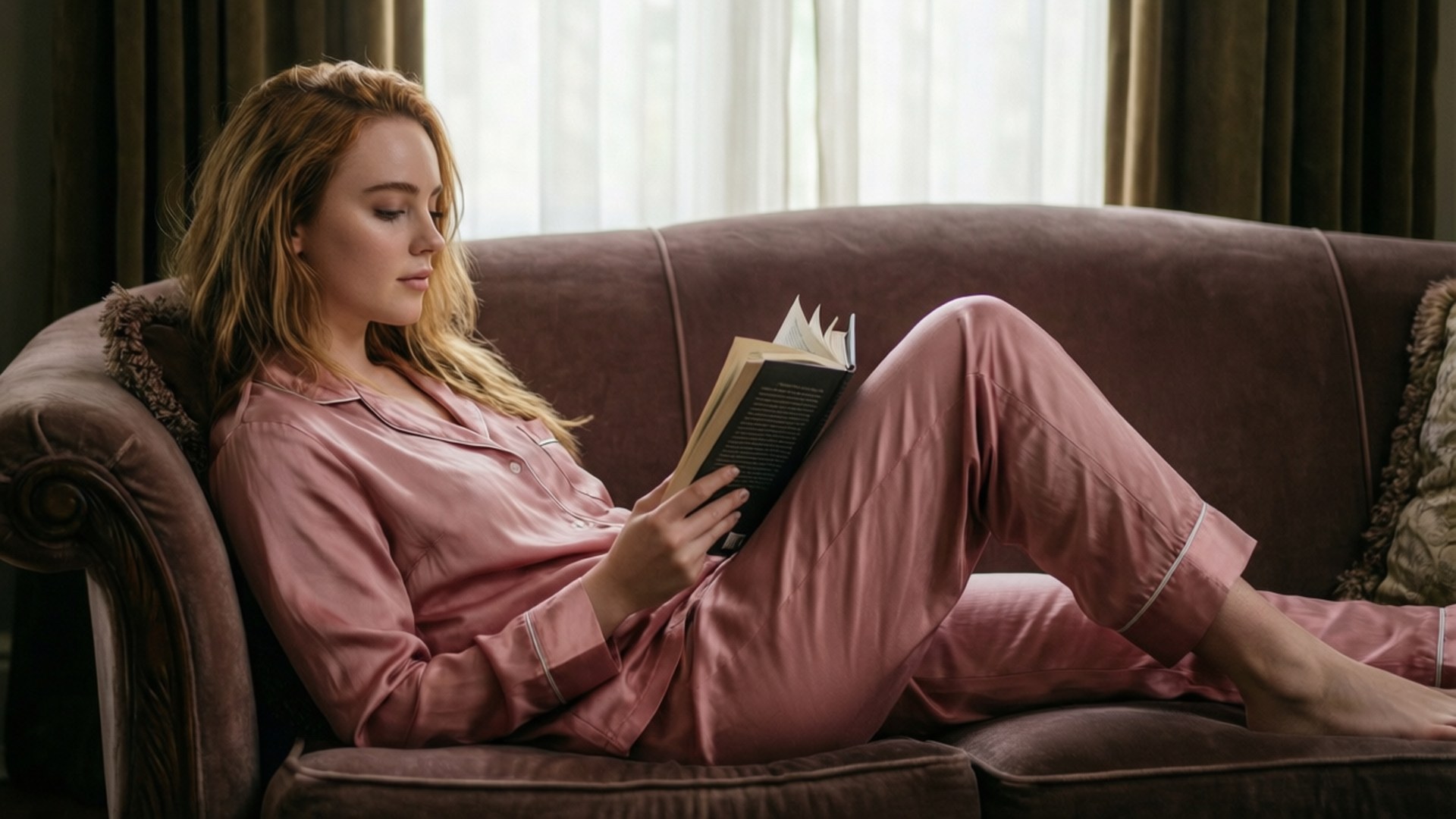 Sophie Turner Morning Read 壁紙 — 一位身穿粉紅色緞面睡衣的女性，在窗邊一張毛絨絨的棕色天鵝絨沙發上躺著看書。