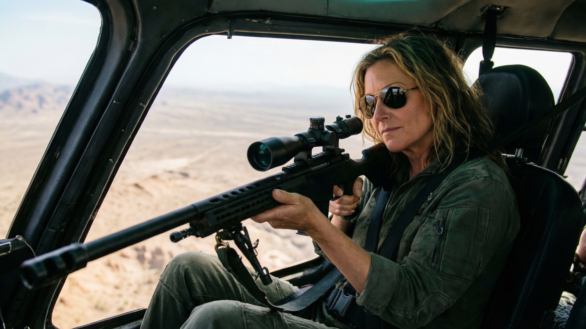 Peters Helicopter Sniper 壁紙 — 一名戴著太陽眼鏡的女子在直升機內握著狙擊步槍，俯瞰廣闊的沙漠景觀。