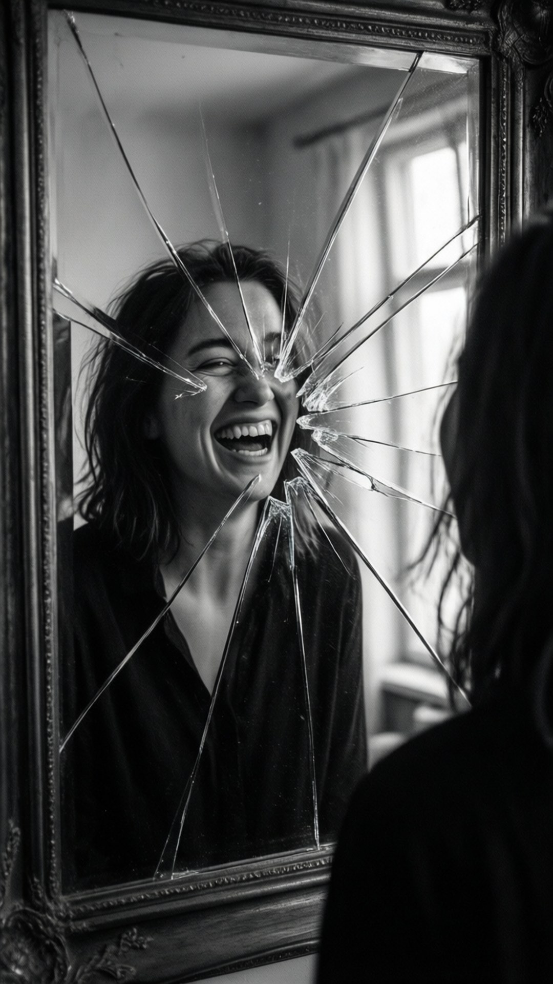 Laughter in Reflection 壁紙 — 一個女人快樂地笑著，凝視著她在破碎的華麗鏡子中的倒影。