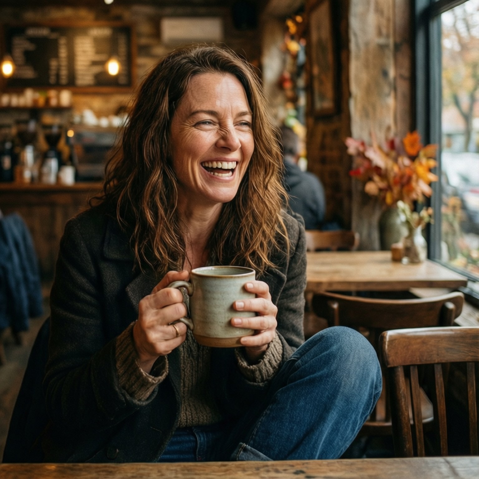 Coffee Shop Smile 壁紙 — 一位女士在舒適的鄉村風格咖啡館裡，手持陶瓷杯，開懷大笑，周圍有木製家具和秋日花卉。