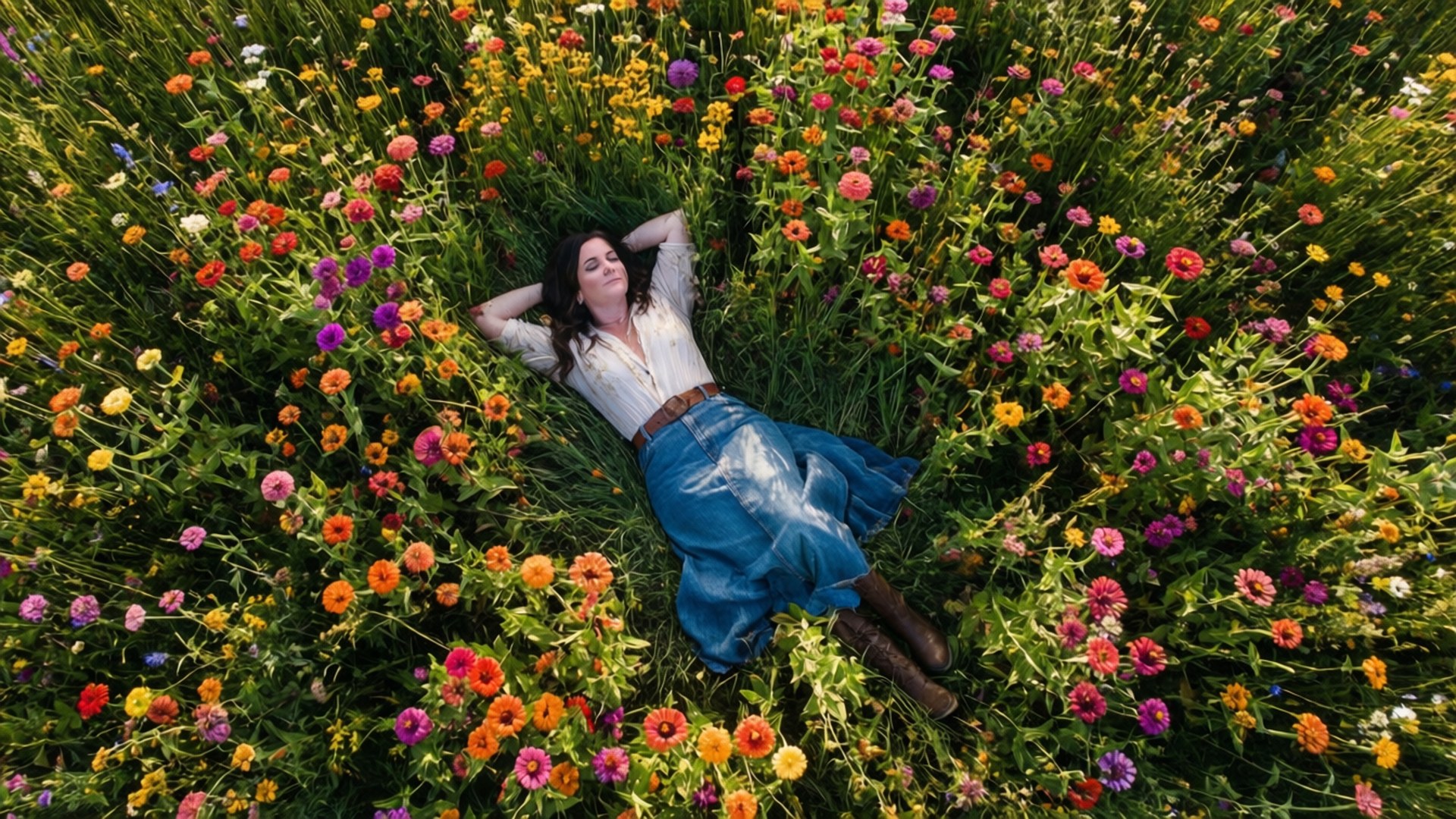 Flower Field Above 壁紙 — 一名女士在燦爛陽光下，放鬆地躺在色彩繽紛的百日菊田野中。
