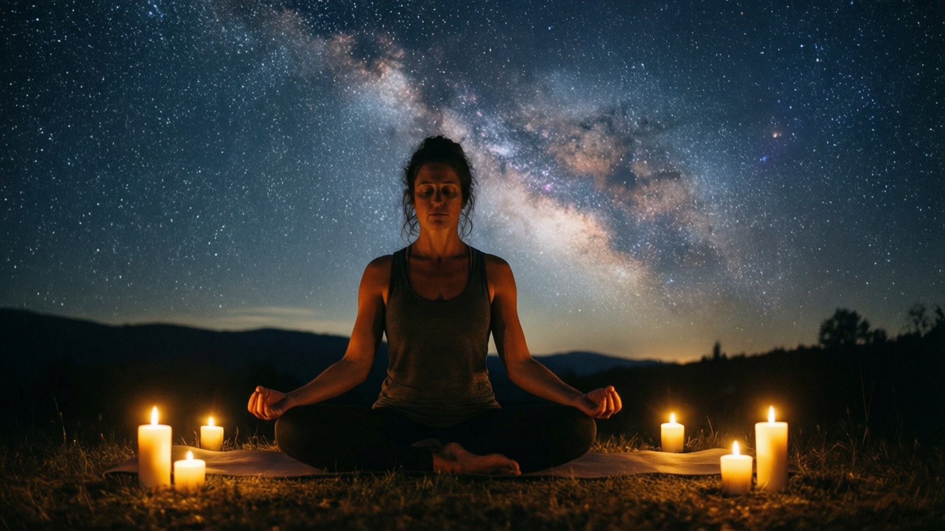Starlit Meditation 壁紙 — 一位女士在草地上盤腿冥想，頭上是銀河拱起的星空夜空，周圍環繞著發光的蠟燭。
