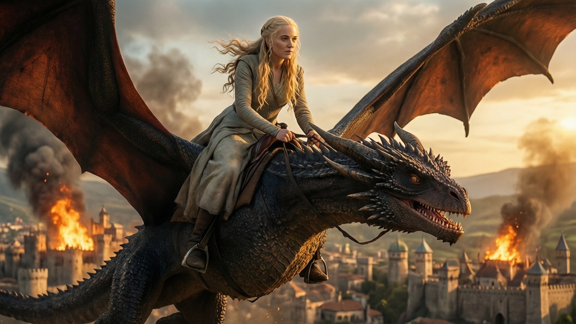 Daenerys on Dragonback 壁紙 — 一位長金髮的女性騎著一頭巨大的黑龍，在夕陽下飛越燃燒的中世紀城市。