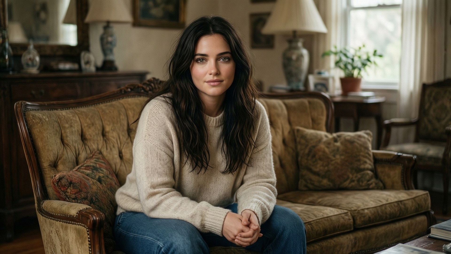 Cozy Living Room Portrait 壁紙 — 一位黑髮女性靜靜地坐在一張復古簇絨扶手椅上，身處溫暖照明的經典客廳。