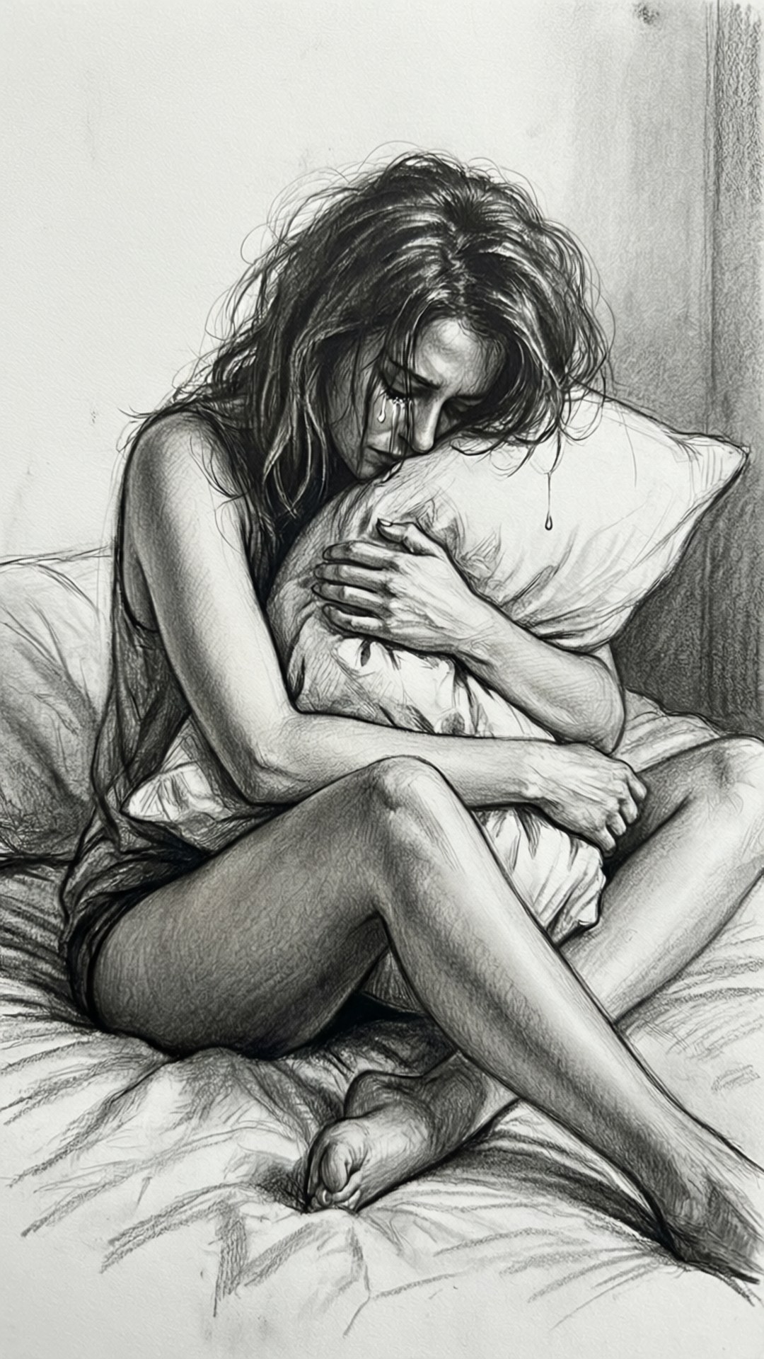 Hugging Pillow Sketch 壁紙 — 一個女人蜷縮在床上，緊抱枕頭，淚水順著臉頰流下，這是一幅詳細的木炭素描。
