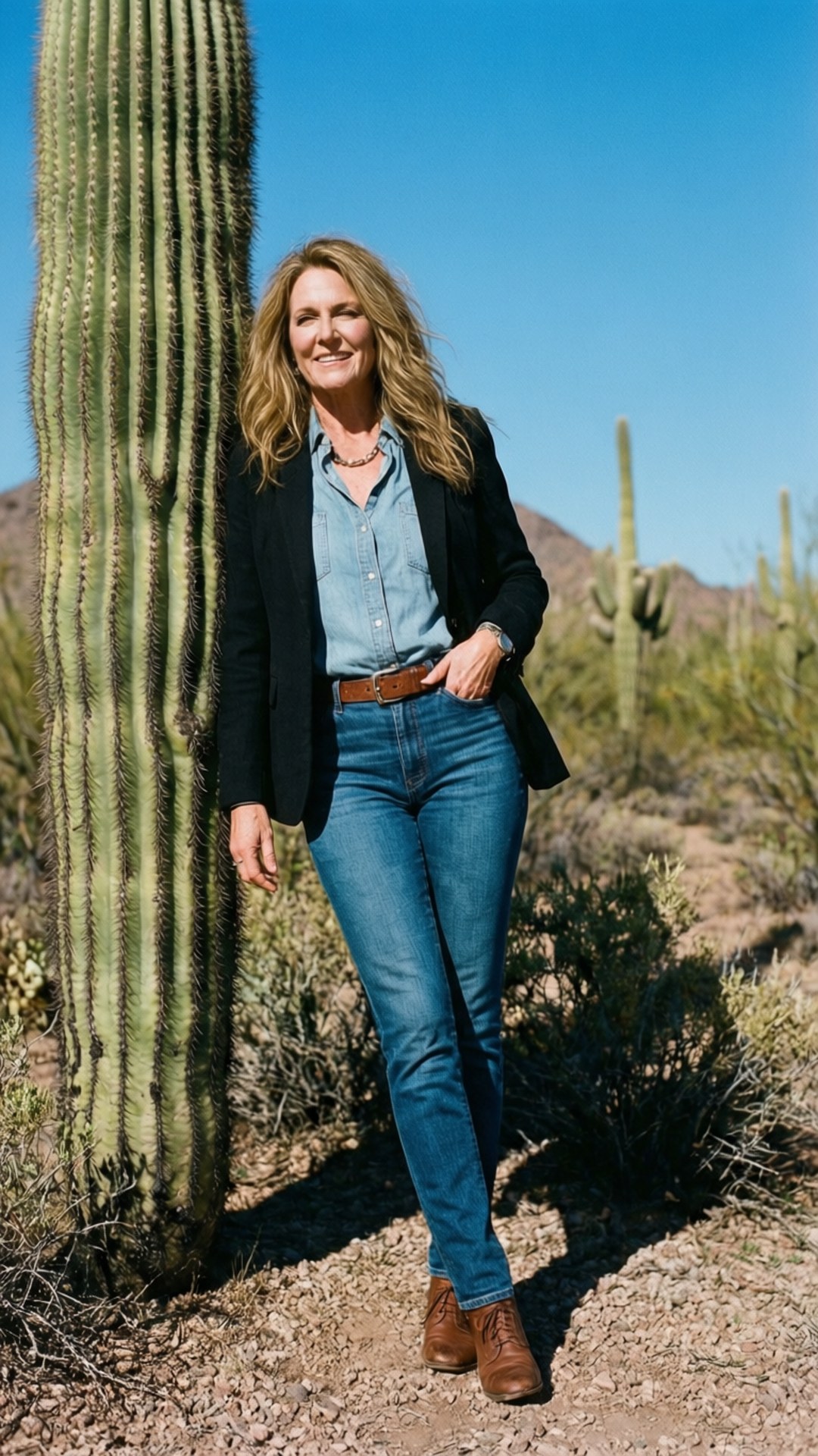 Casual Southwestern Look 壁紙 — 一名女性在晴朗藍色沙漠天空下，自信地微笑站在高聳的薩瓜羅仙人掌旁。